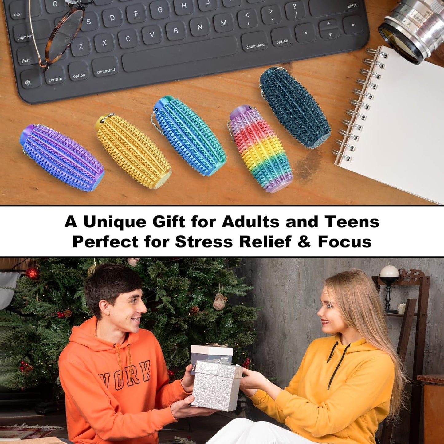 2 Pack Pain Stim Fidget Roller for Adults and Teens Spiky Sensory Hand Toy for Stress and Anxiety Relief, 3D Printed Discreet Keychain Fidget for Focus and Tactile Engagement(Black+Rainbow)