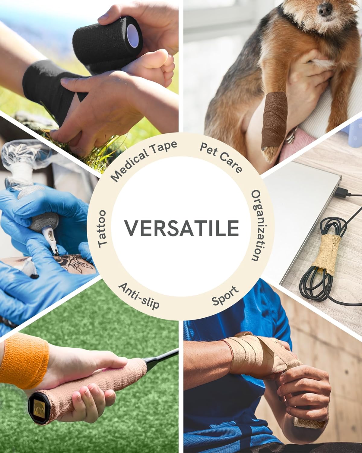 FriCARE Self Adhesive Bandage Wrap, Medical Tape in First Aid Kit, Cohesive Bandages for Wounds Sport Vet, FSA/HSA Eligible, 2 Inches X 5 Yards 6 Rolls, Classic