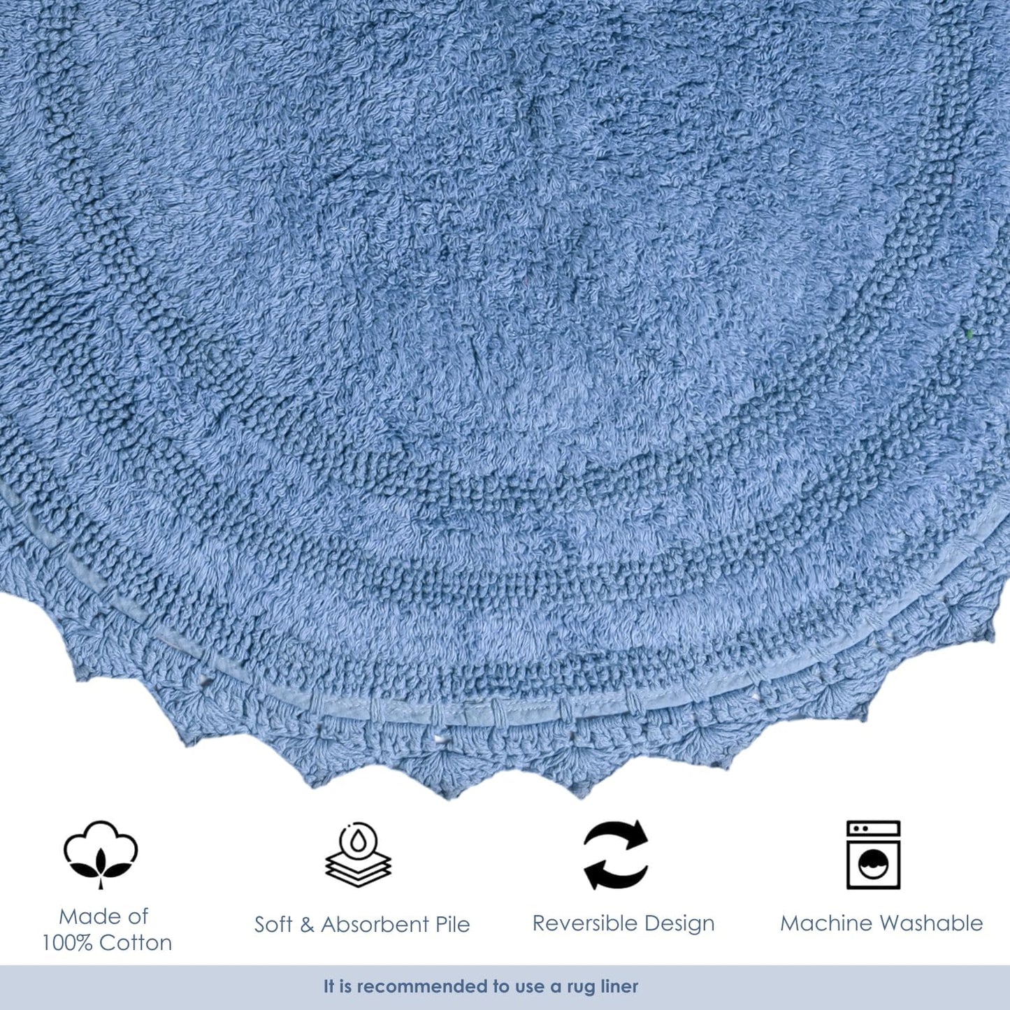 RAJRANG Circle Bath Mat for Bathroom Kitchen and Spa with Crochet Pattern Cotton Absorbent Soft Reversible Boho Bath Rug Parisian Blue Round 24 Inches