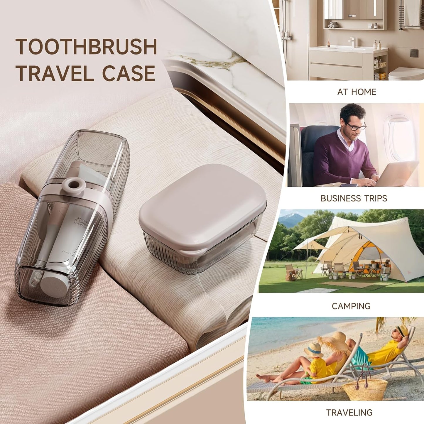Toothbrush Travel Case, 2 in 1 Toothbrush Holder and Rinse Cup, Large Capacity Toothbrush Cup with Cover, Portable Travel Toothbrush Holder for Traveling, Camping, Trip - 1Pcs - Beige&Clear