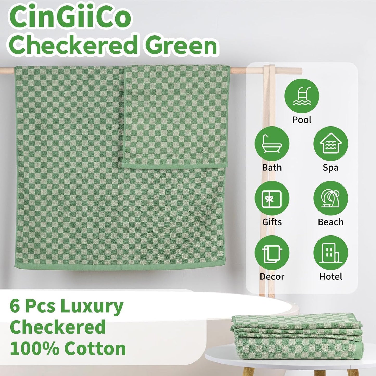 Checkered Bath Towels Set of 6 Large, 520GSM, 100% Cotton Shower Towels * 2 (55.12"*27.56"), Hand Towels * 4 (29.52"*13.77"),Towels for Bathroom、Pool、Hotel, Spa, Soft Absorbent(Dark Green
