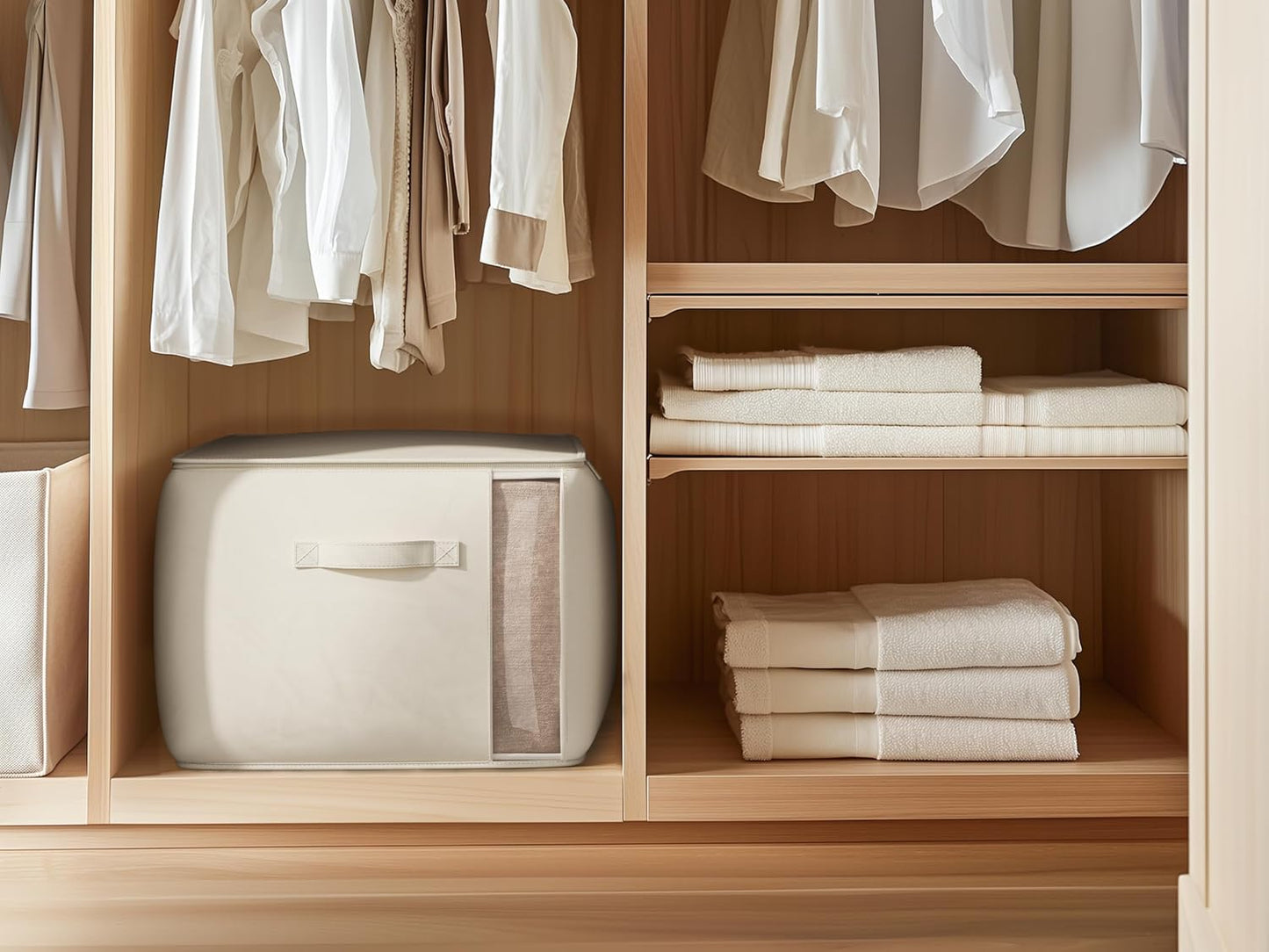 Large Canvas Clothes Storage Bags with Thick Handles and Clear Window, Foldable Cotton Linen Closet Organizer for Clothing, Blankets and Bedding, 70L, 6 Pack, Beige