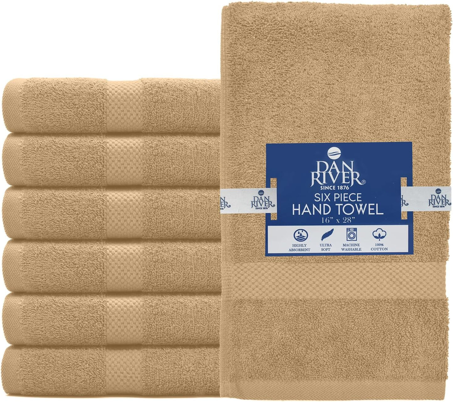 DAN RIVER 6-Pack Premium Hand Towels (16x28 Inches) - 100% Cotton, Ultra Soft, Lightweight, Highly Absorbent Towels for Bathroom, Spa, Gym, Salon, Hotel, and Travel - 550 GSM โ Tan