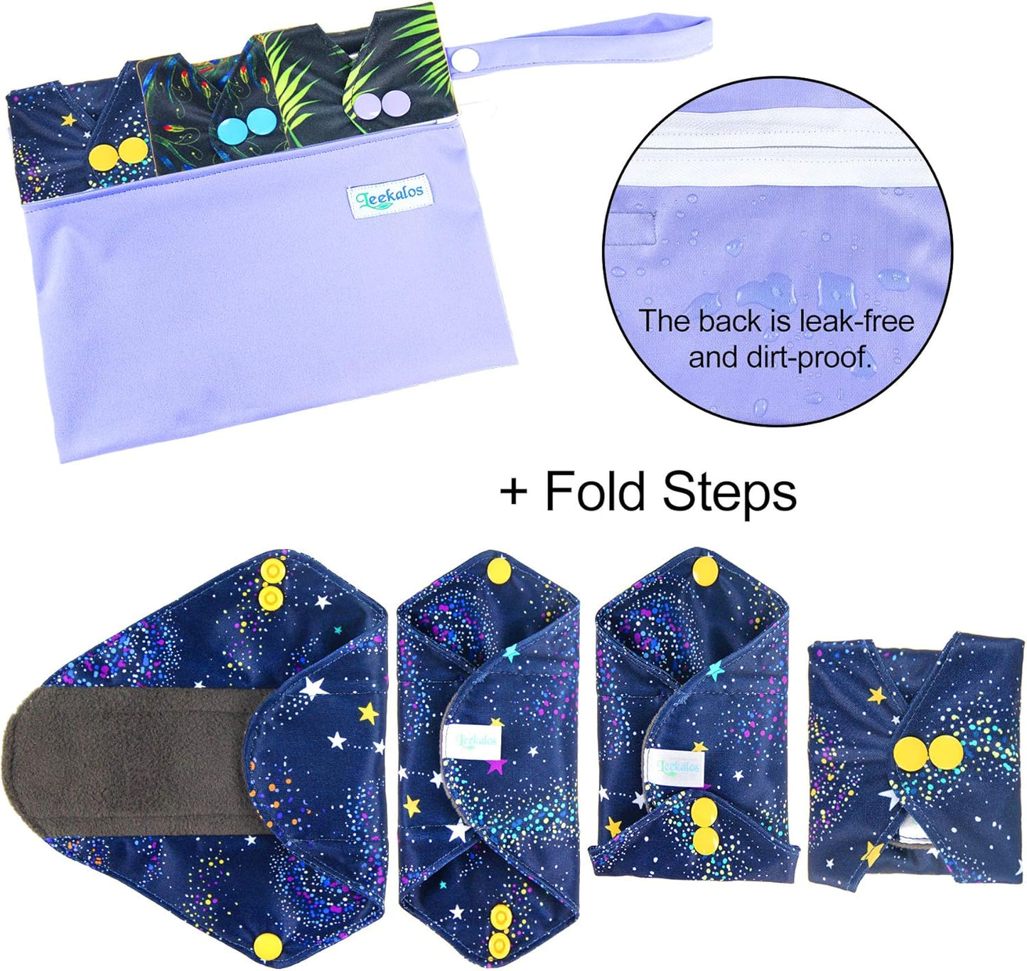 Leekalos Bamboo Menstrual Cloth Pads - Reusable Sanitary Pads for Light Incontinence - Pack of 6, 1 Cloth Mini Wet Bag