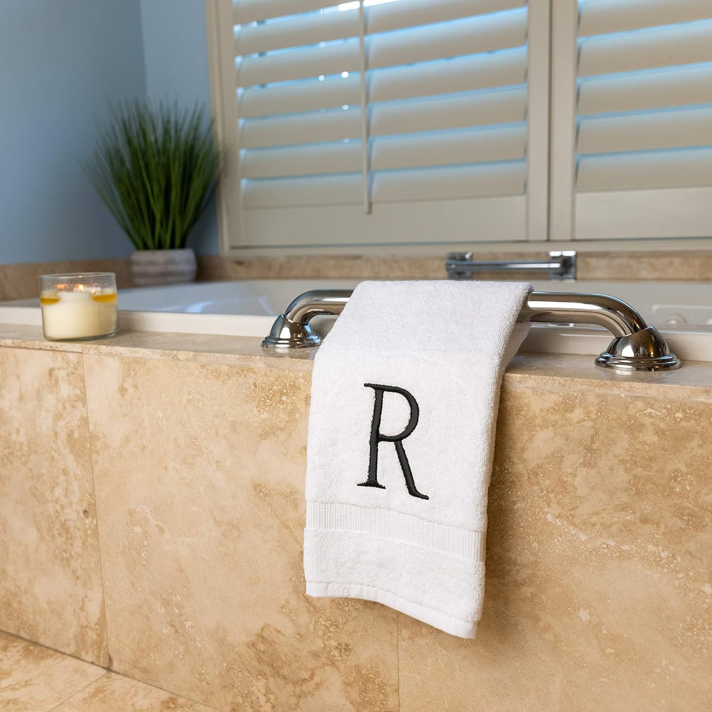 White Monogrammed Hand Towel - Monogram Initial Hotel Quality Decorative Embroidered Luxury Towel for Powder Room, Spa - GOTS Organic Certified - Set of 2 Dark Gray Letter R