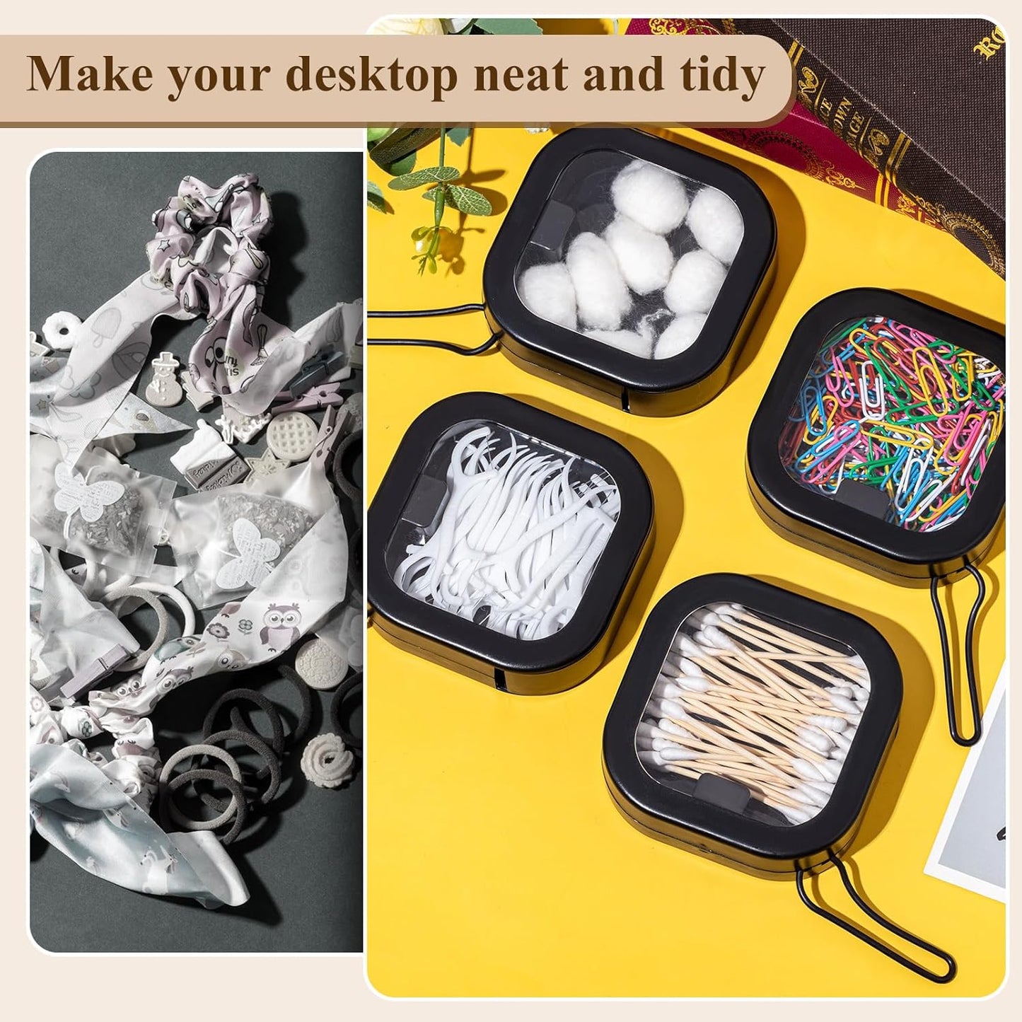 Kathfly 4 Pcs Black Hair Tie Organizer Portable Hair Accessory Storage Containers Stackable Tie Bobby Pin Holder Home Cotton Swab Dispenser Accessories Jewelry Organizer Box