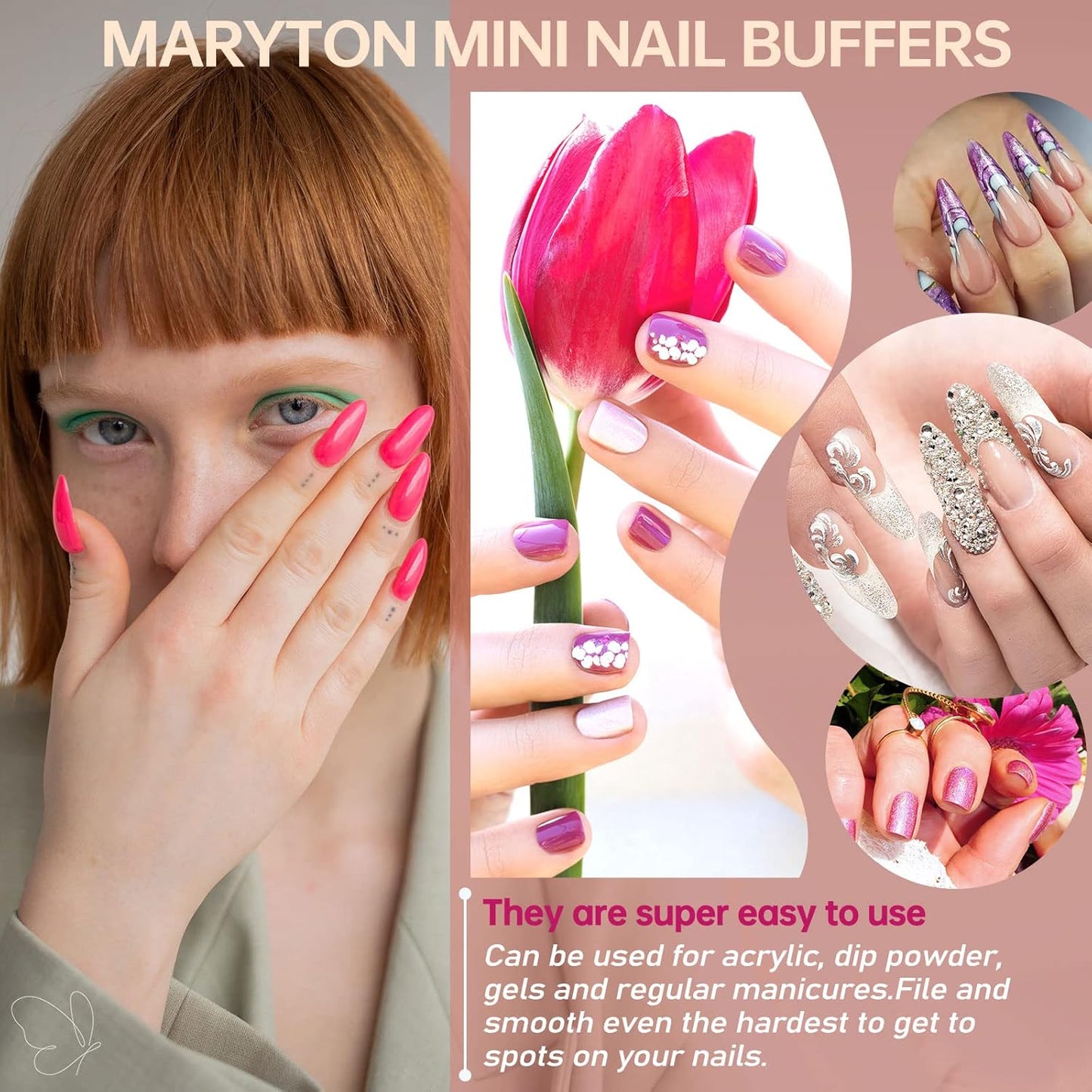 MARYTON Nail Buffer Mini Block Files, 80/100 Grit for Acrylic Nails, 130 Count (Orange)