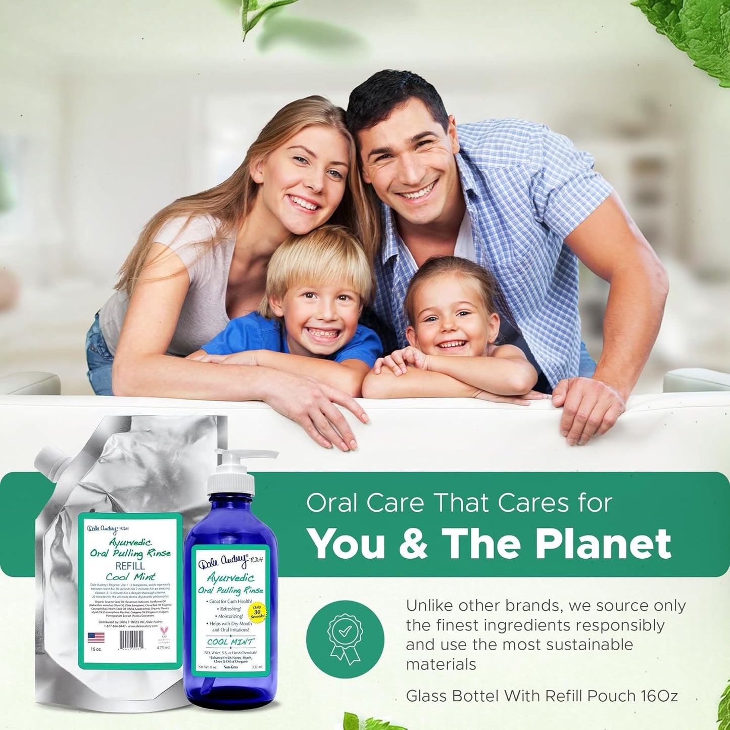 Natural Oil Pulling for Teeth and Gums | Organic Mint Flavored Oral Rinse Mouthwash for Bad Breath | Essential Oil & Teeth Whitening Gum for Freshen Breath | Cobalt Glass Bottle with Refill-16 FL Oz