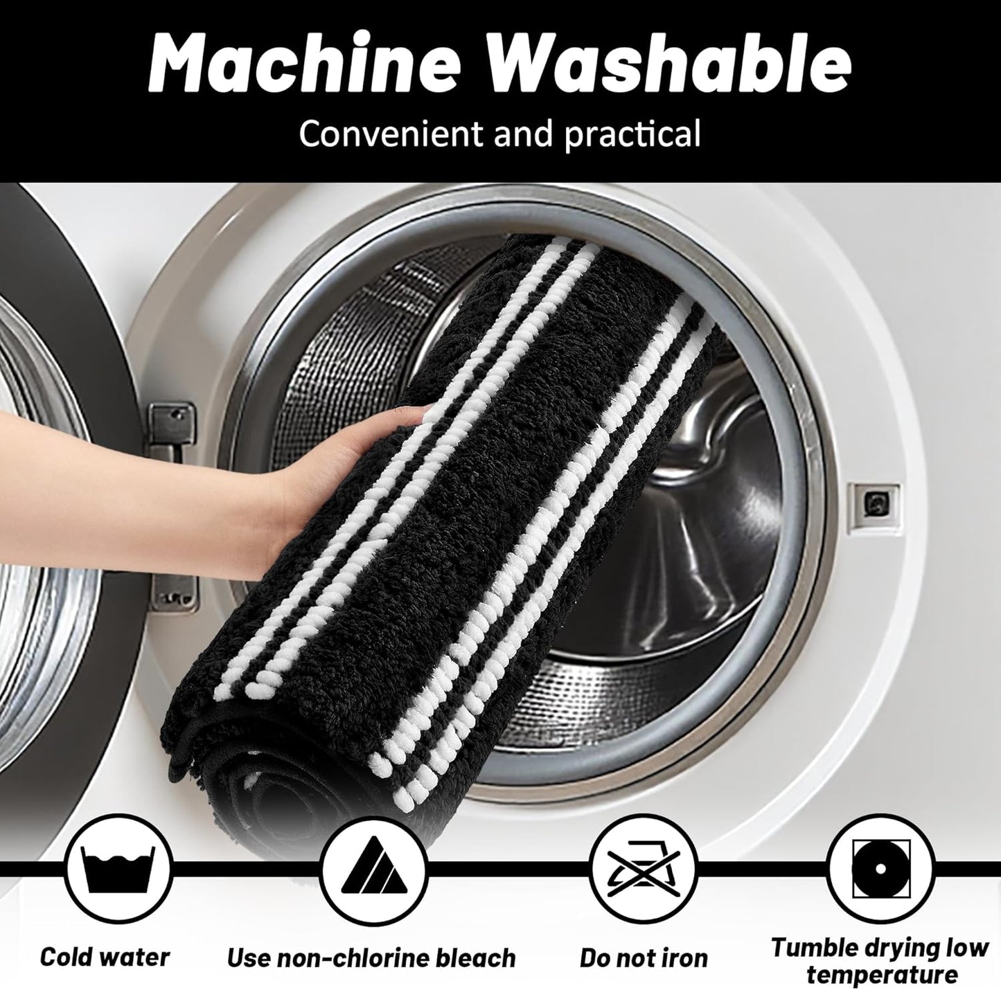 Bathroom Rugs 24x36 Extra Soft Absorbent Bath Mat Chenille Non Slip Shower Mat Rubber Backing Machine Washable Bath Mats for Bathroom Shaggy Black Bath Rugs for Tub, Hallway