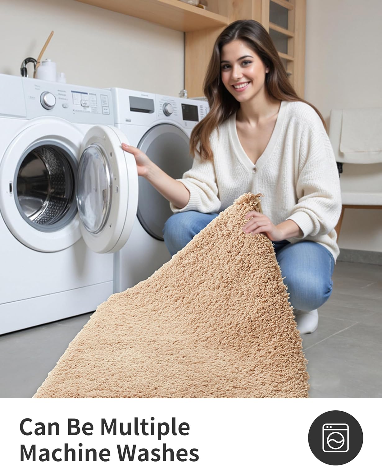 ILANGO Beige Bathroom Rugs 24" × 17" Small Non Slip & Super Absorbent Extra Thick Soft, Washable Bath Mat for Floor, Microfiber Plush Shaggy Bath Rug with Rubber for Bathtub Shower Room Sink