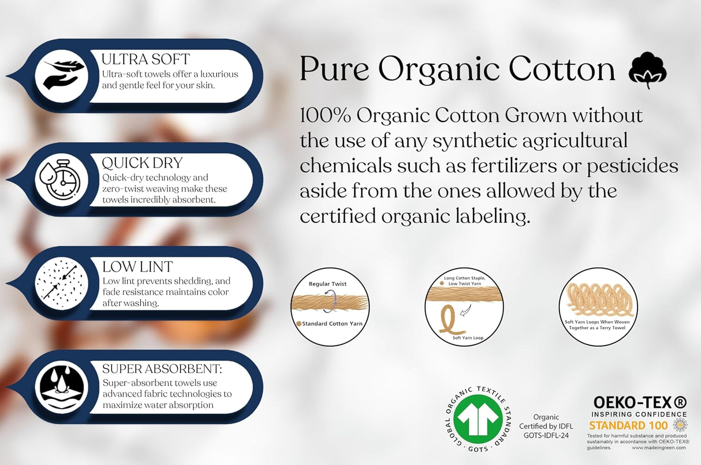 Delara 100% Organic Cotton Towels 650 GSM Plush Feather Touch Quick Dry Towel, 4-Piece Towel Set GOTS Certified, Oeko-Tex Green Certified, 1 Bath Towel, 1 Bath Sheet, 1 Hand Towel & 1 Wash Cloth