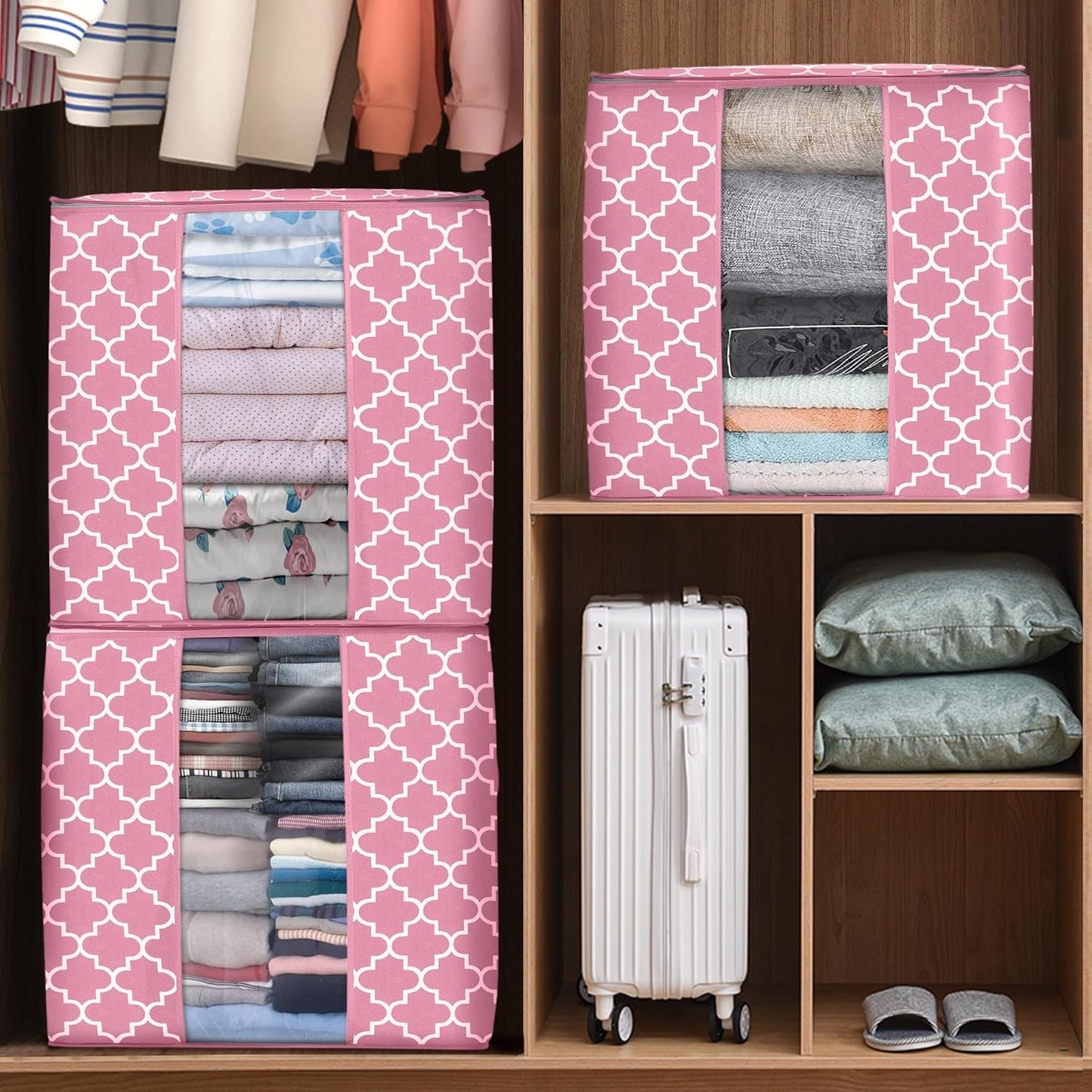 WISELIFE Storage Bags 3 Pack/100L Large Blanket Clothes Organization and Storage Containers for Comforters,Bedding, Foldable Organizer with Reinforced Handle, Clear Window, Sturdy Zippers,Pink