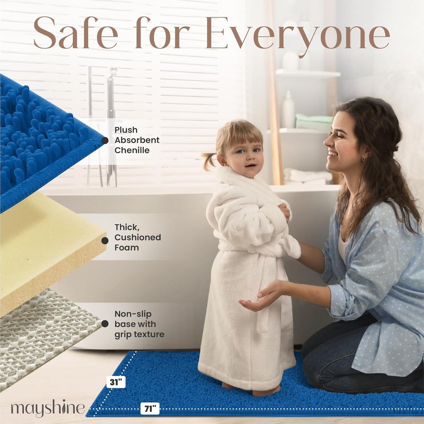 MAYSHINE Chenille Plush Runner Rug, Dark Blue, 71x31 in, Machine Washable, Non-Slip Door Mat, Bath Mat with Water Absorbent Quick Drying Microfiber Shag Carpet