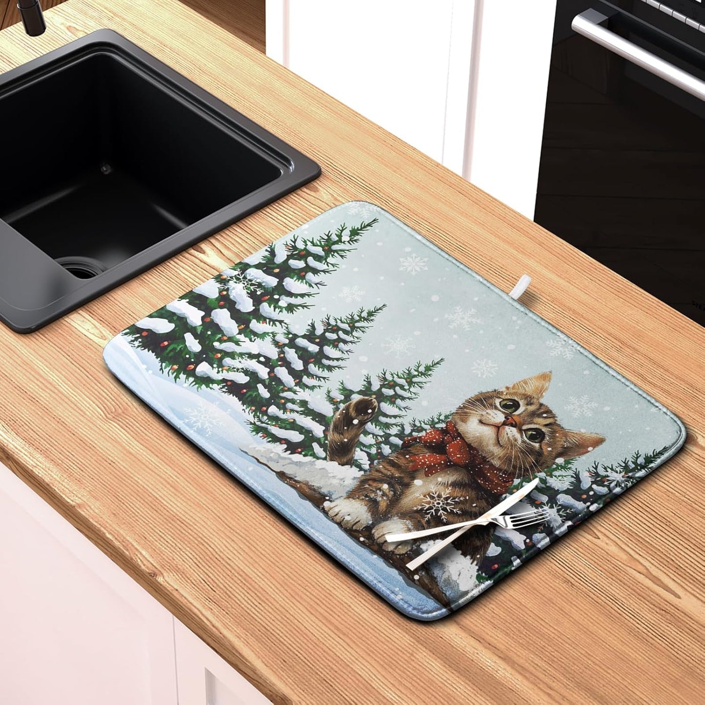 Winter Cat Dish Drying Mat for Kitchen Counter 18x24 Inch Cute Kitty Snow Pine Tree Dishes Drying Mats Large Microfiber Absorbent Dish Rack Pad Fast Dry Dish Mat for Coffee Bar Sinks Home Accessories