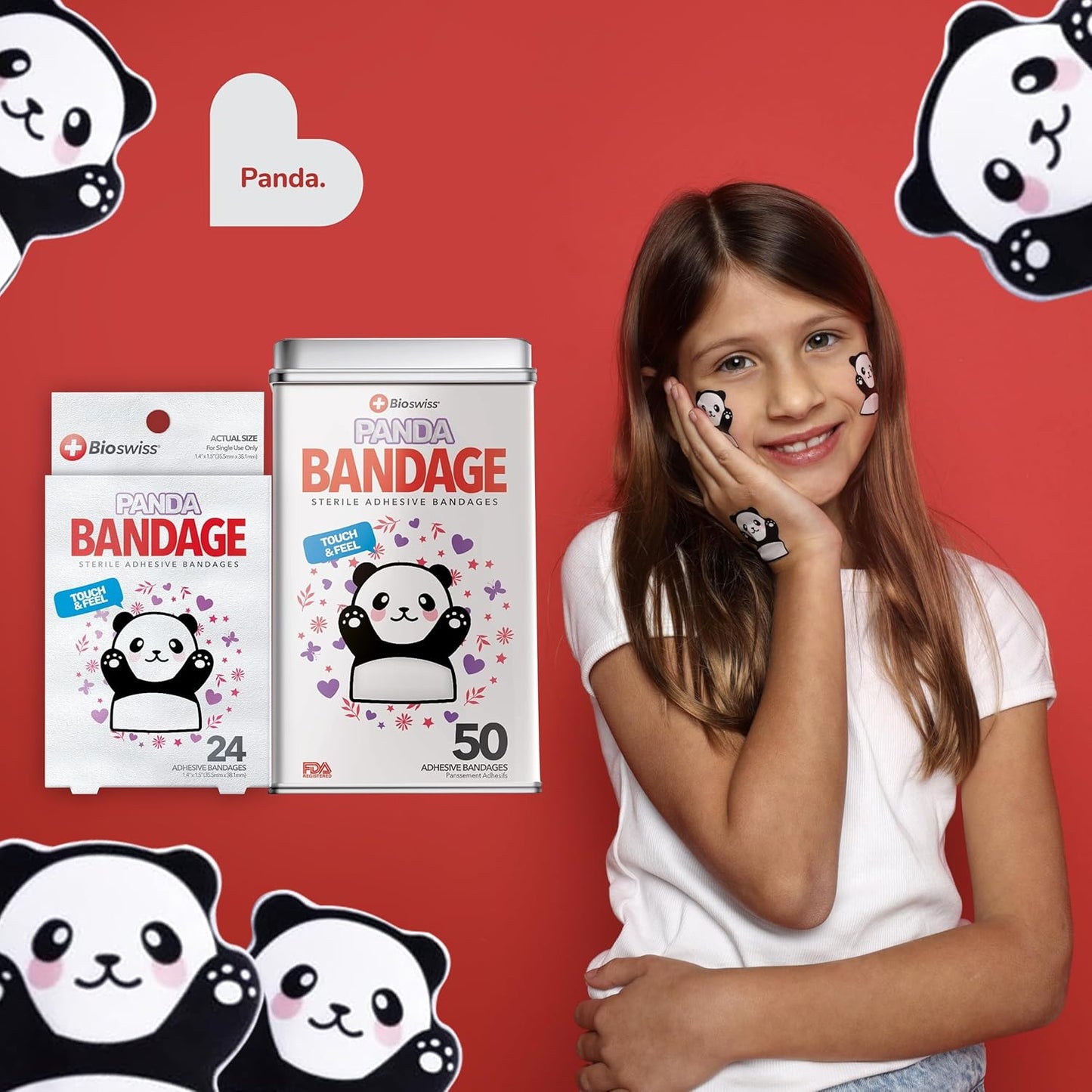 BioSwiss Kids Bandages, Panda Shaped Self Adhesive Bandage Set, Latex Free, Sterile Wound Care, 24 Count