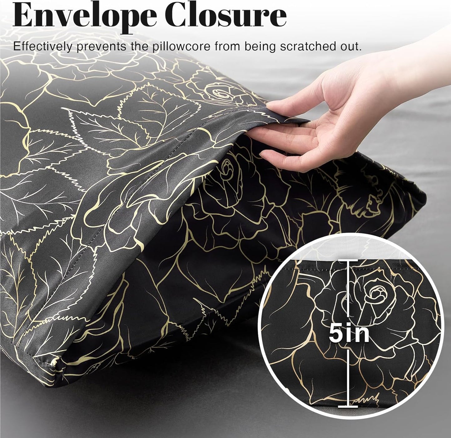 EXQ Home Satin Body Pillowcase for Hair and Skin- Rose on Black Silk Long Pillowcase 20x54 inches - Satin Pillow Cases with Envelope Closure, Gifts for Women