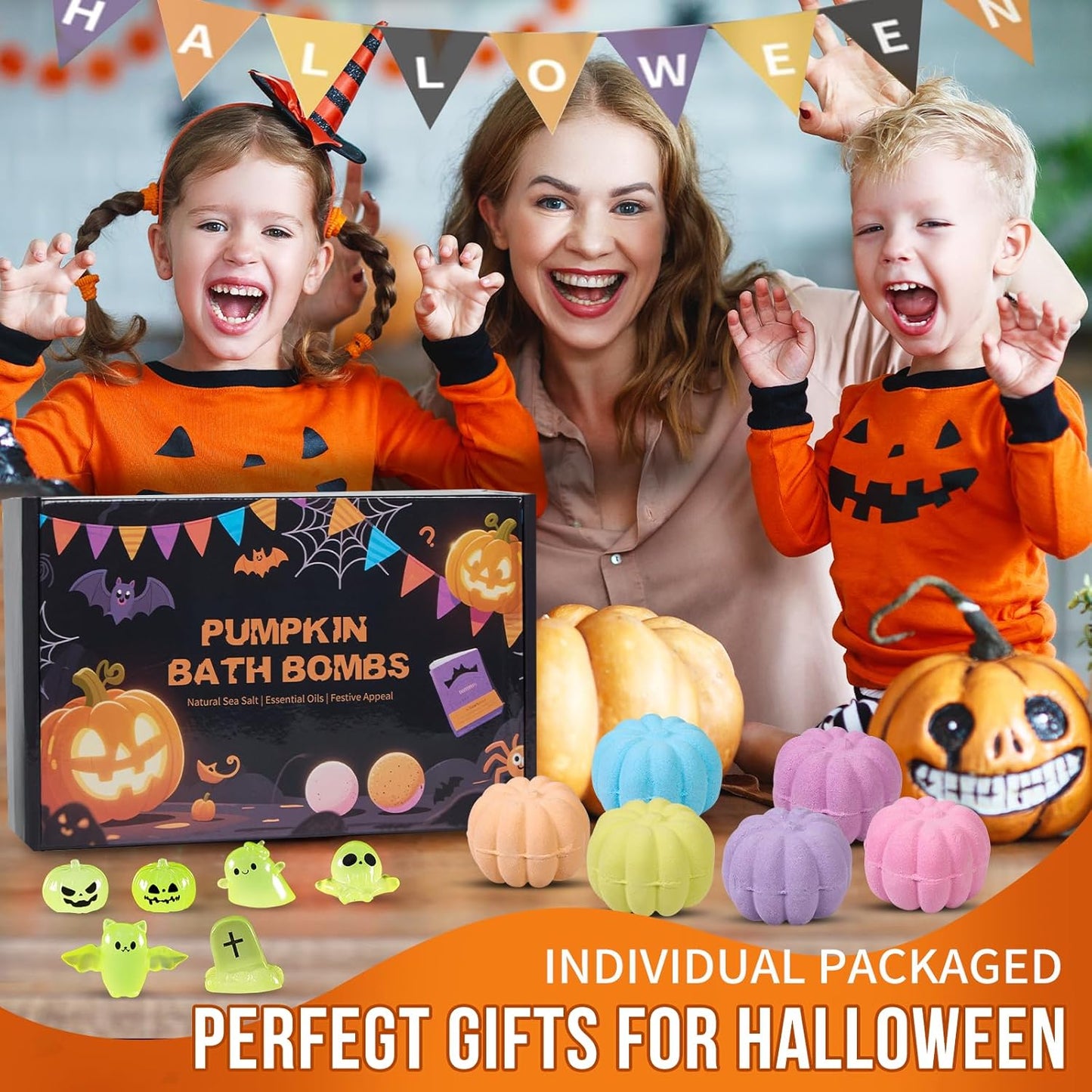 Halloween Bath Bombs for Kids Pumpkin Bath Bombs with Halloween Luminous Mini Resin Toys Inside Halloween Toys Halloween Treat Bags Gifts Kids Skin Care Bathbombs