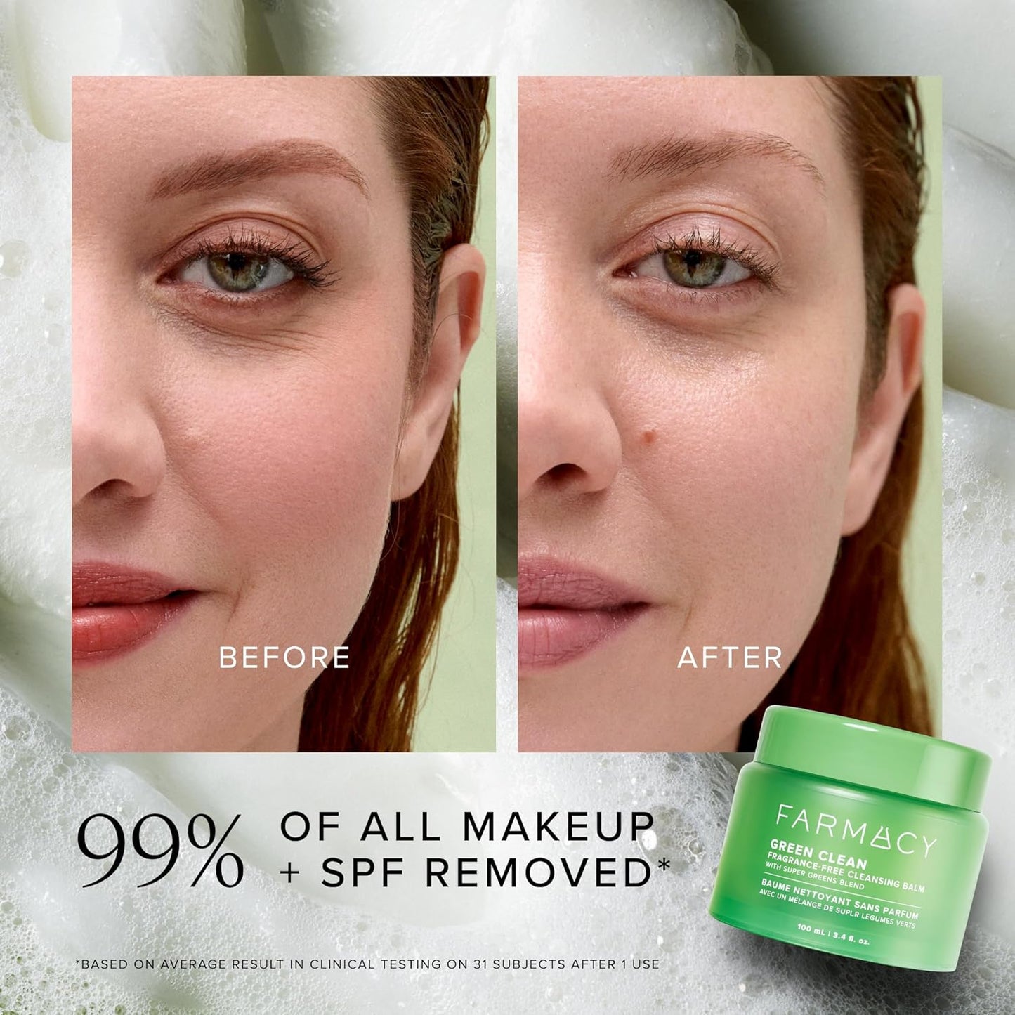 Farmacy Makeup Remover Cleansing Balm - Green Clean Waterproof Makeup Remover + Oil Based Cleanser - Newly Formulated Double Cleanser with Plant Based Waxes + Upcycled Moringa - Fragrance Free (100ml)