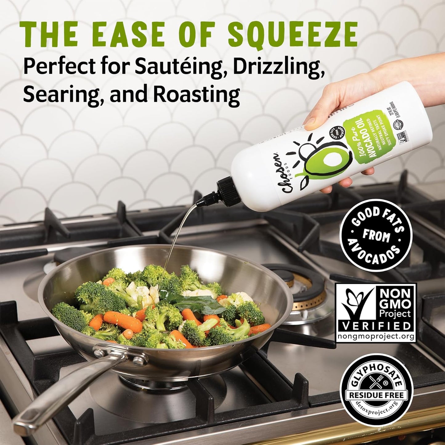 Chosen Foods 100% Pure Avocado Oil Squeeze Bottle 27oz 2-pack - For Drizzling, Sautéing, Roasting, Searing, & Baking-High Smoke Point Cooking Oil - Kosher, Keto Friendly - With Recipe eBook