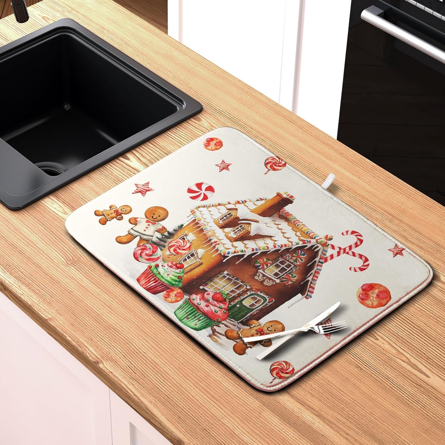 Christmas Dish Drying Mat for Kitchen Counter 16x18 Gingerbread House Man Candy Canes Cookie Cake Drying Mat for Dishes Xmas Winter Holiday Microfiber Drying Pad Dish Drying Pad for Coffee Bar Sink
