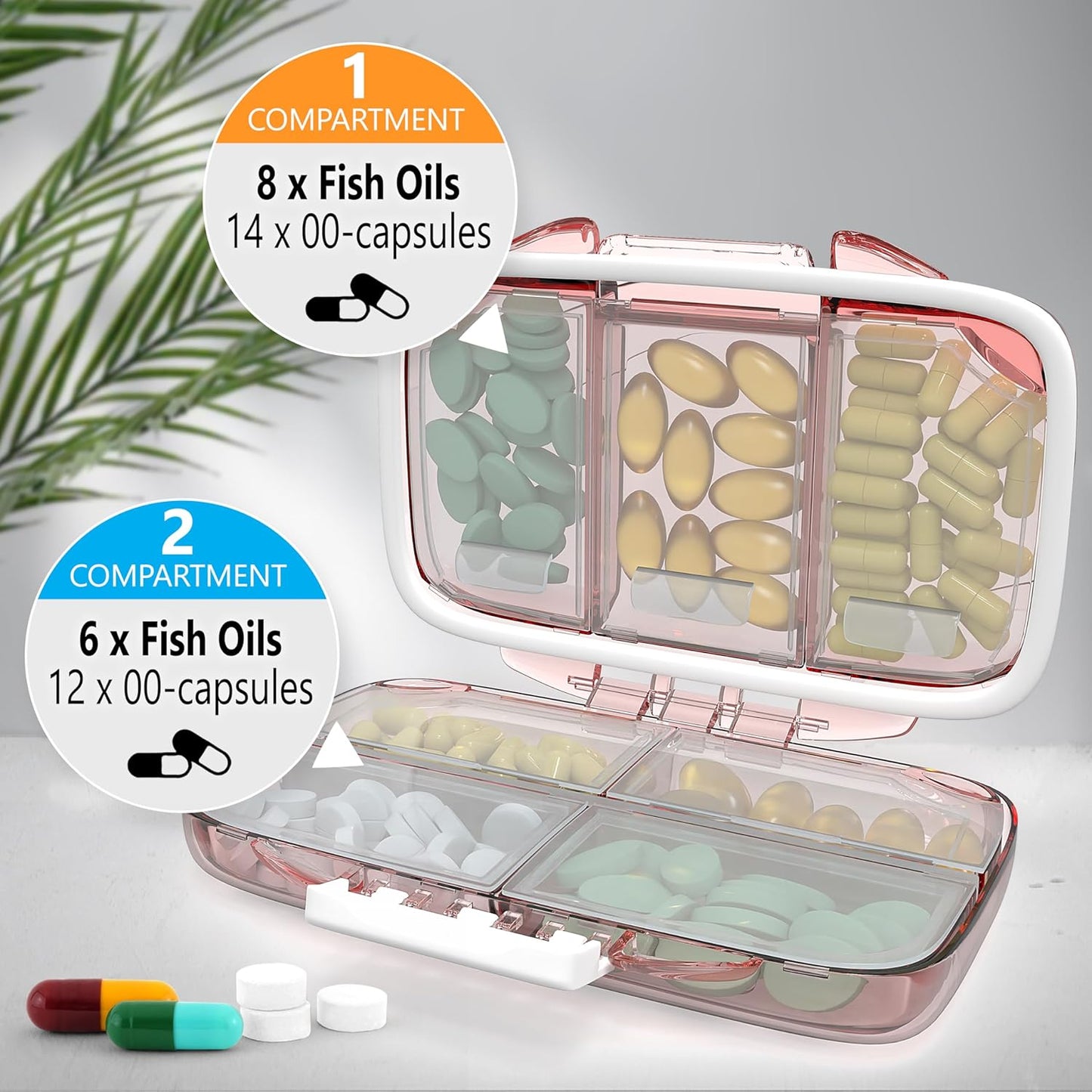 Travel Pill Organizer - Moisture Proof Portable Vitamin Holder with 7 Compartments, Compact Supplement Case for Purse Essential Medicine Kit fot Traveling Pocket Pharmacy with Labels, Pink