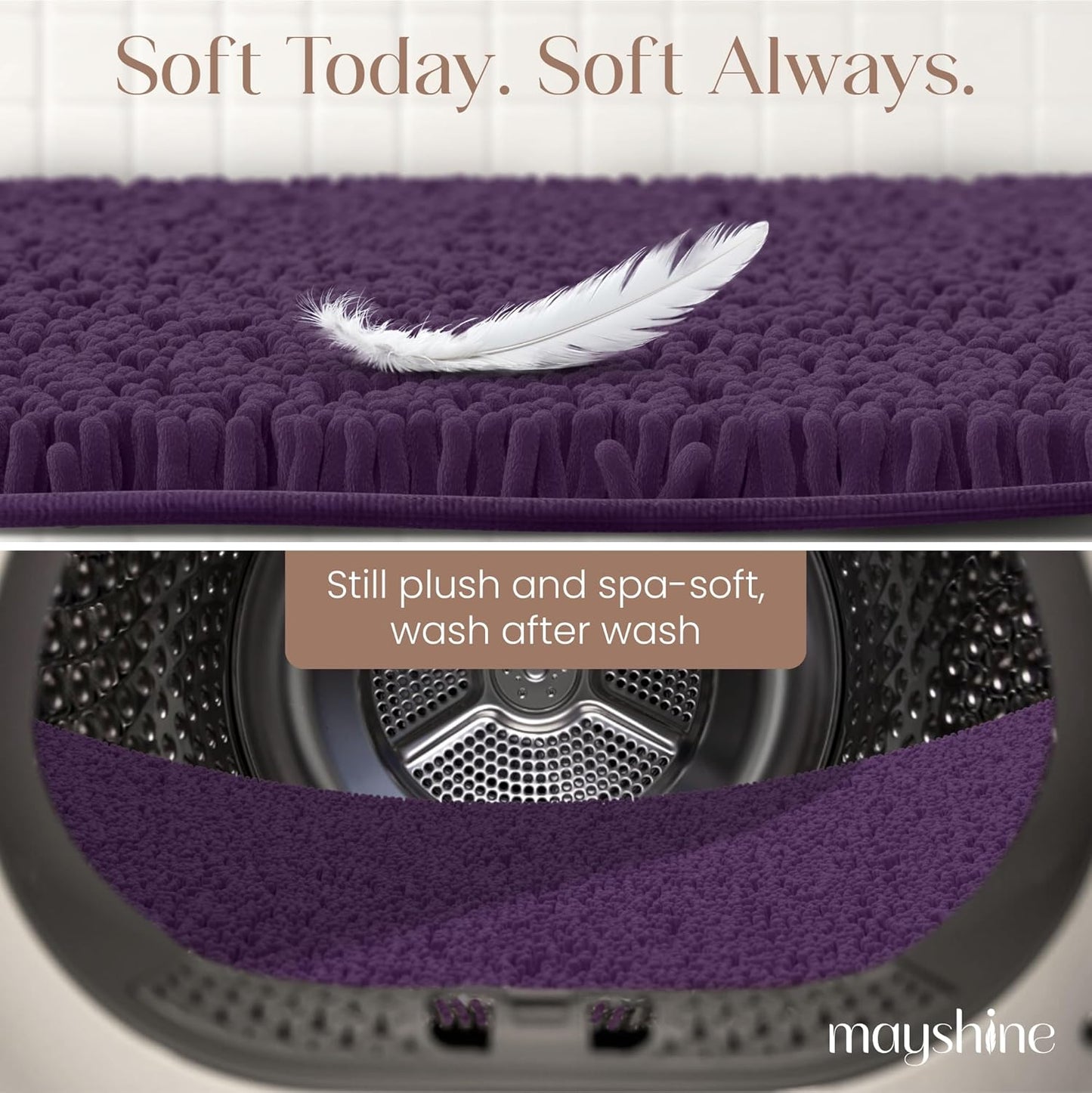 MAYSHINE Plush Shaggy Chenille Bath Mat | Extra Soft, Super Absorbent, Non-Slip Bathroom Rug | Fluffy Microfiber, Area Rug Sets for Bathroom Floor, Kitchen, Living Room | 47"x27" | Plum