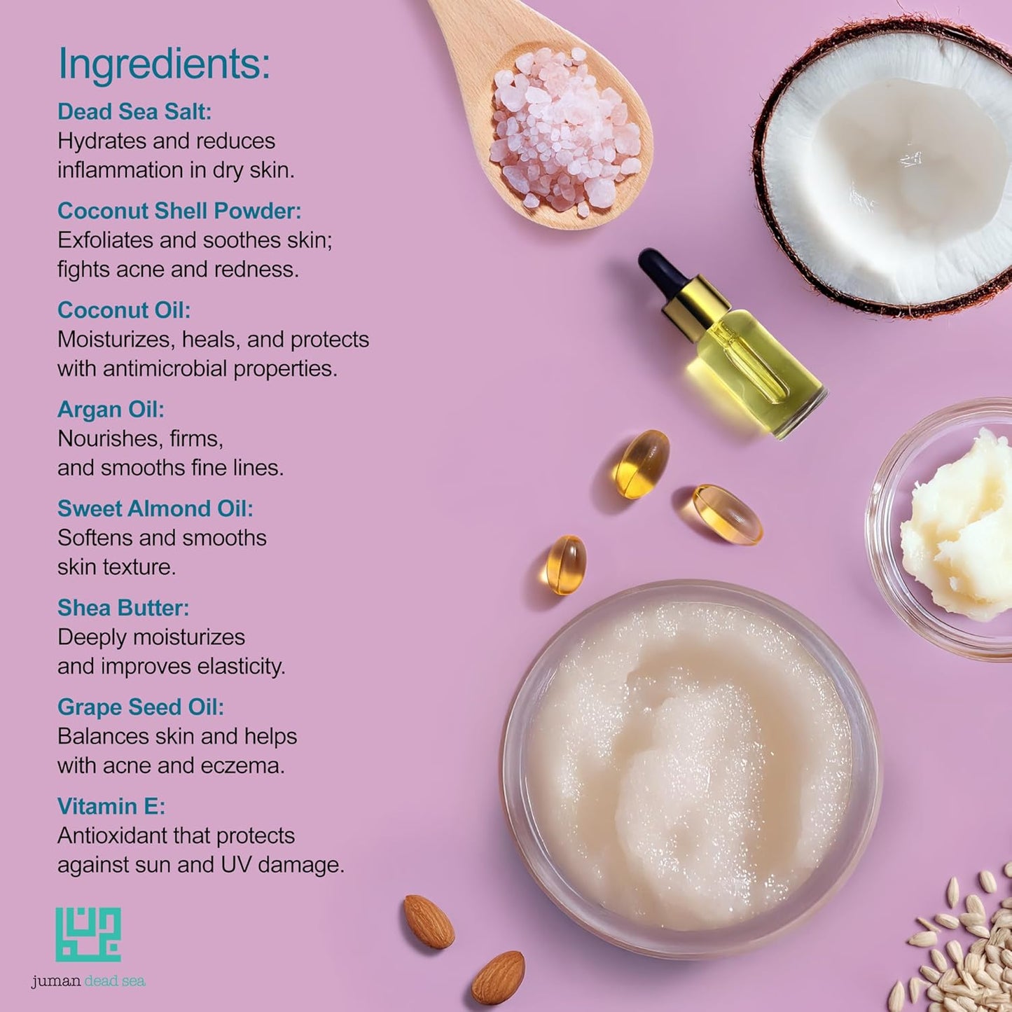 Juman Dead Sea Minerals Premium Coconut Milk Body Scrub | Infused with Essential Oil & Nutrients | Coconut Mineral Salt Scrub | Great for Dry Skin | SlS & Paraben Free | Vegan | 11.46 Oz