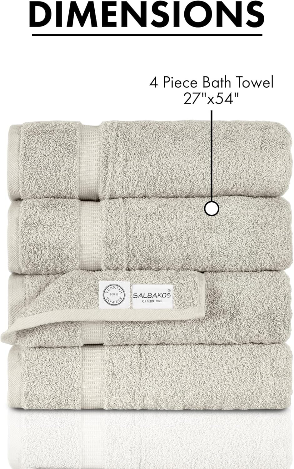 SALBAKOS 100% Turkish Cotton Bath Towel Set of 4 27x54 inch | Heirloom Quality | Hotel & Spa Collection | Ultra Soft, Super Absorbent, Long Lasting Bath Towels | Made in Turkey (Stone, 4 Bath Towels)