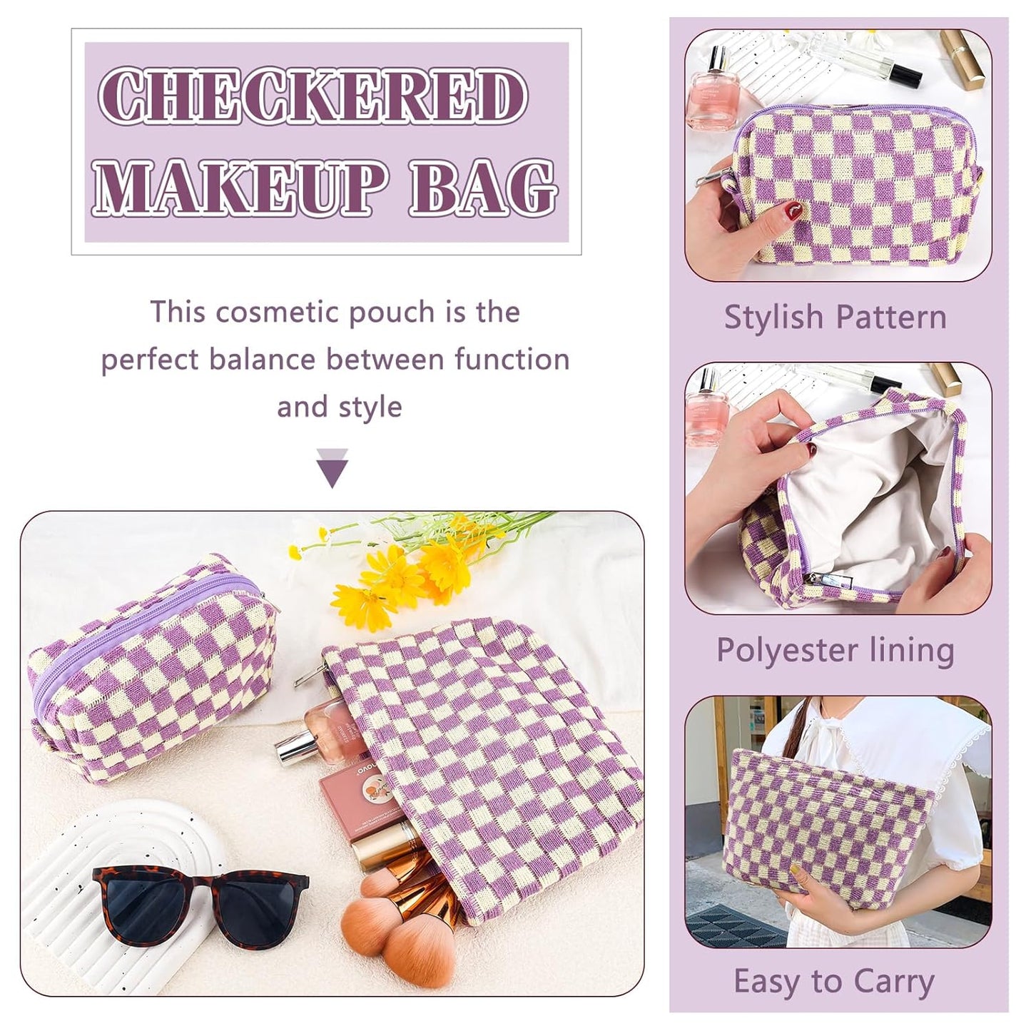 ZLFSRQ 2Pcs Checkered Makeup Bag for Women Large Small Checkered Cosmetic Bag Set Aesthetic Preppy Pencil Case Cute Pencil Pouch Purple Makeup Pouch for Purse Travel Toiletry Bags Zipper Skincare Bags