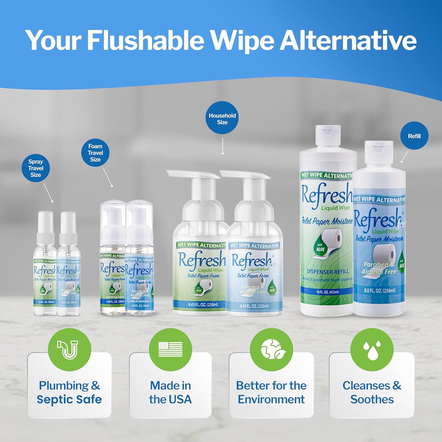 Refresh Liquid Wipe Free: Toilet Paper Foam. Eco-Friendly Wet Wipe Alternative For Sensitive Skin with Aloe and Witch Hazel. Plumbing Safe. 250ml/50ml Combo (10.14 Total Fl Oz).…