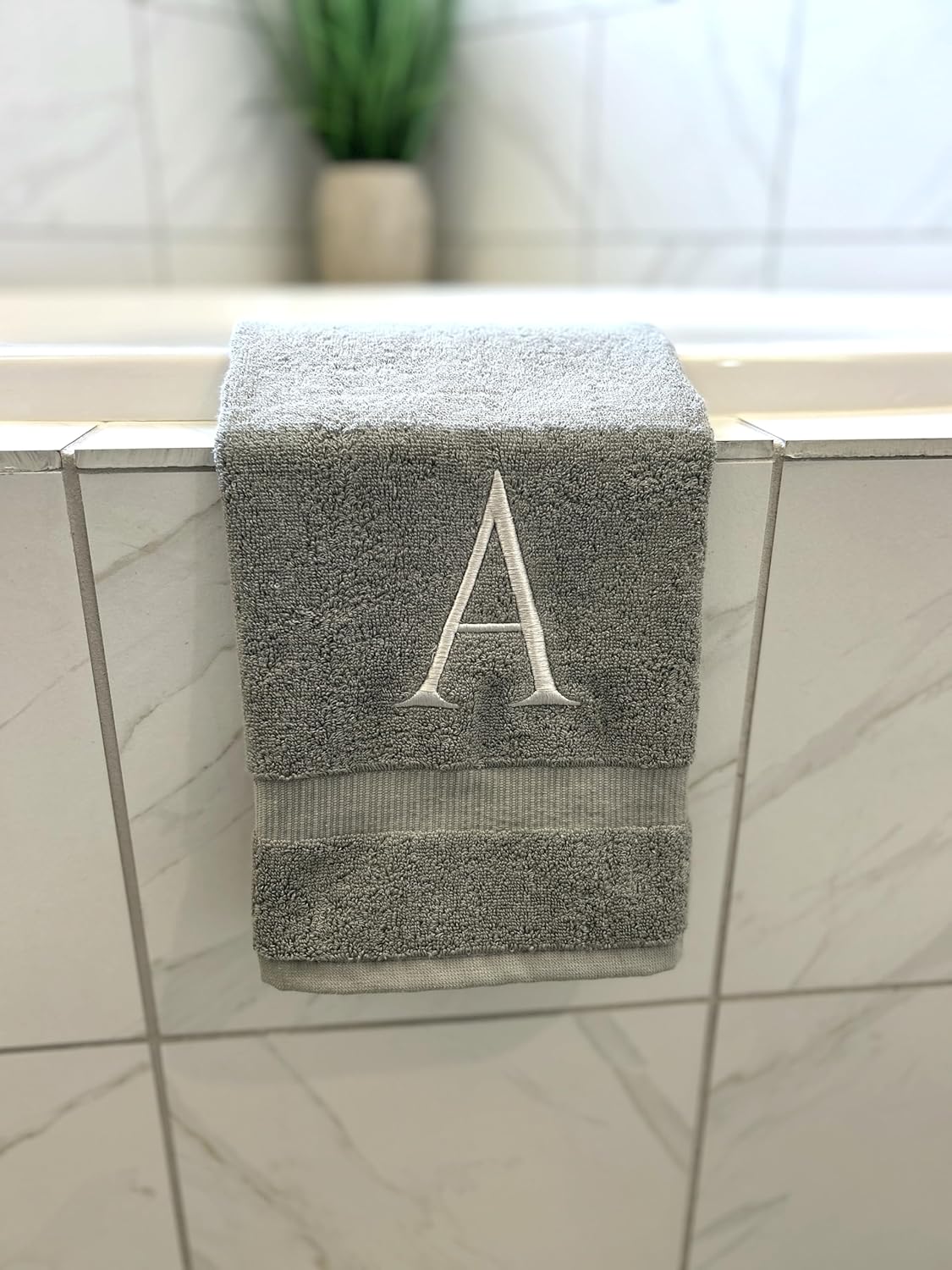 Gray Initial Hand Towel for Bathroom - Monogrammed Luxury Hotel Quality Decorative Embroidered Towel for Powder Room, Spa - GOTS Organic Certified - Set of 2 Silver Letter A