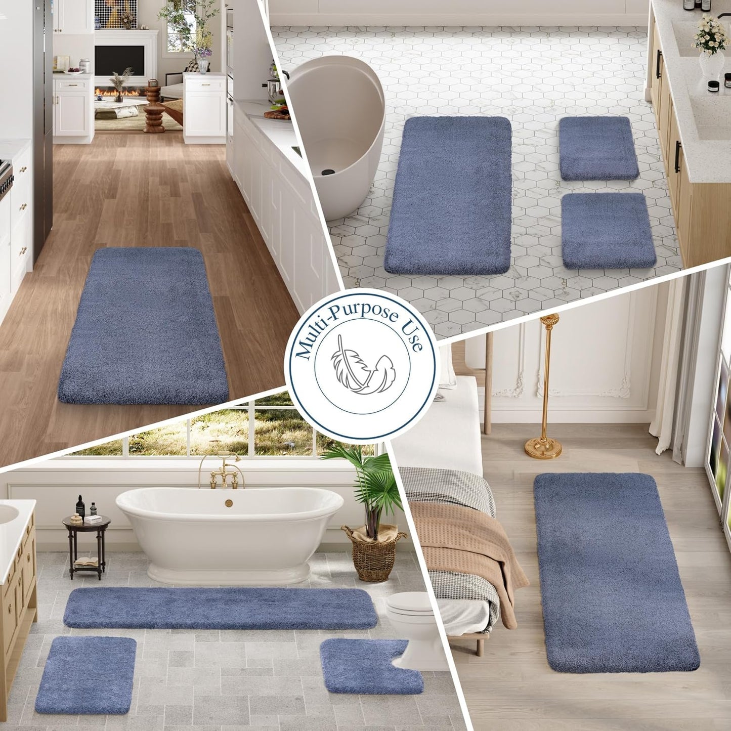 Walensee Large Bathroom Rug (24 x 60, Blue) Extra Soft and Absorbent Shaggy Bath Mat Machine Washable Microfiber Non Slip Luxury Floor Mat