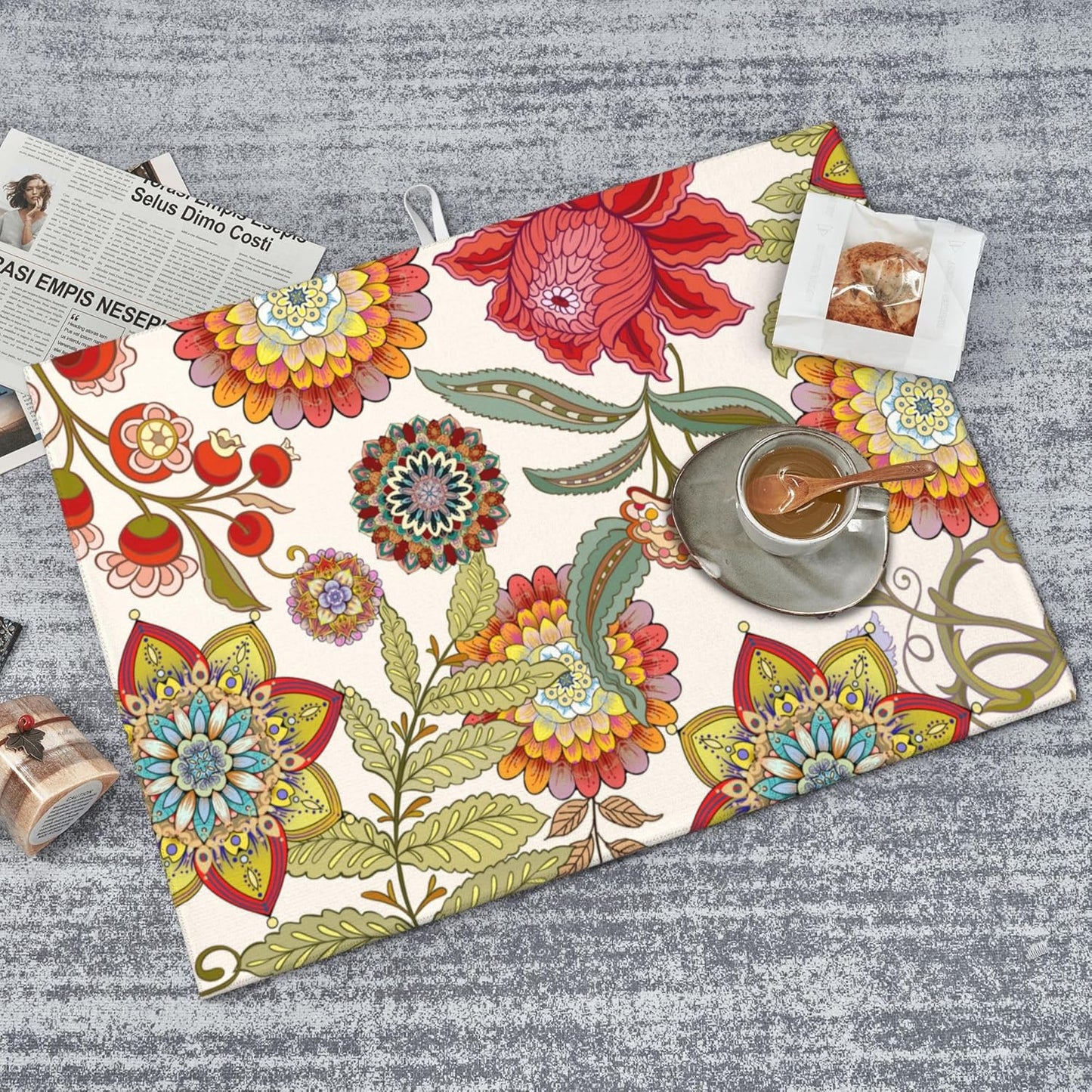 Boho Floral Dish Drying Mat for Kitchen Counter 18"x24" Colorful Decorative Dishes Pad Dish Drainer Rack Mats Microfiber Washable Absorbent Kitchen Decor, Flower