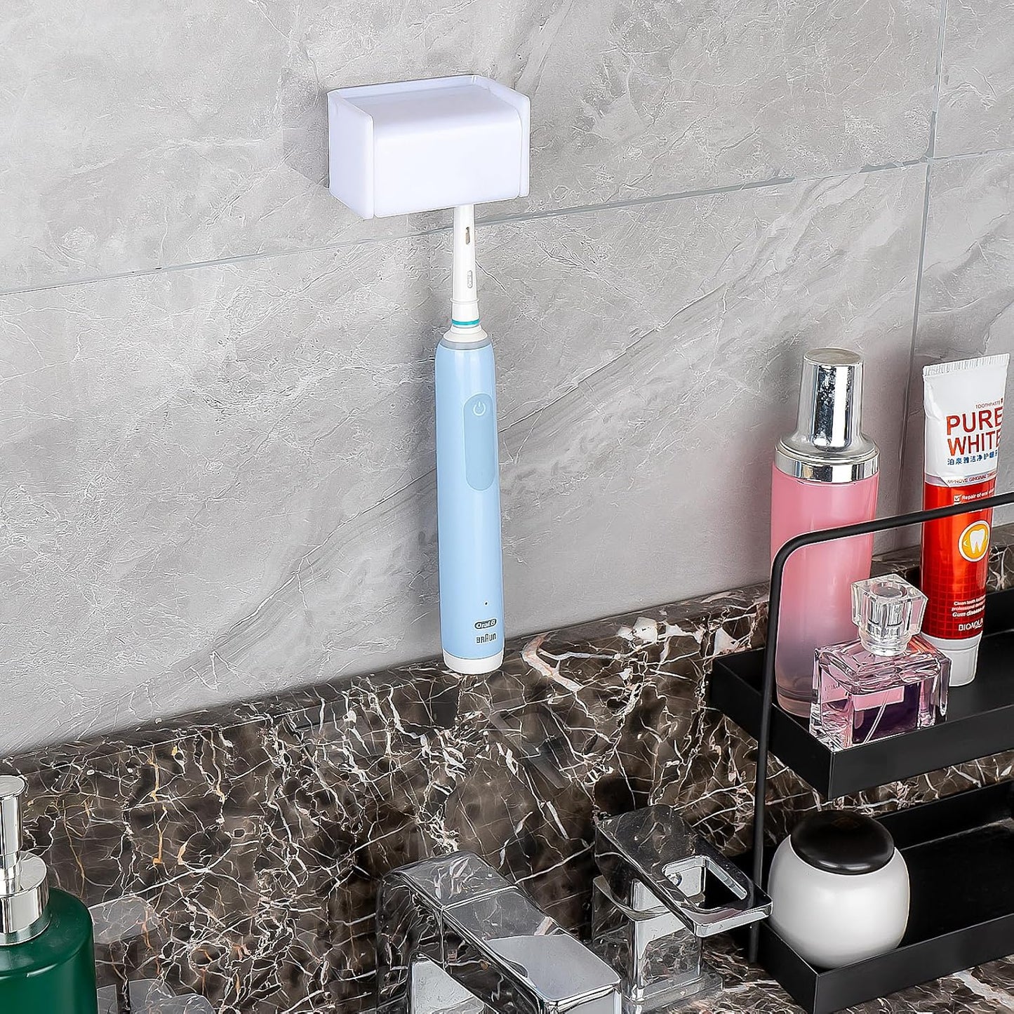 2 Pack Toothbrush Holder Wall Mounted with Cover for Bathroom, 2 Slots Toothbrush Storage Organizer for Shower, Self Adhesive Toothbrush Hanger Rack for Dorm, Cabinet (White)