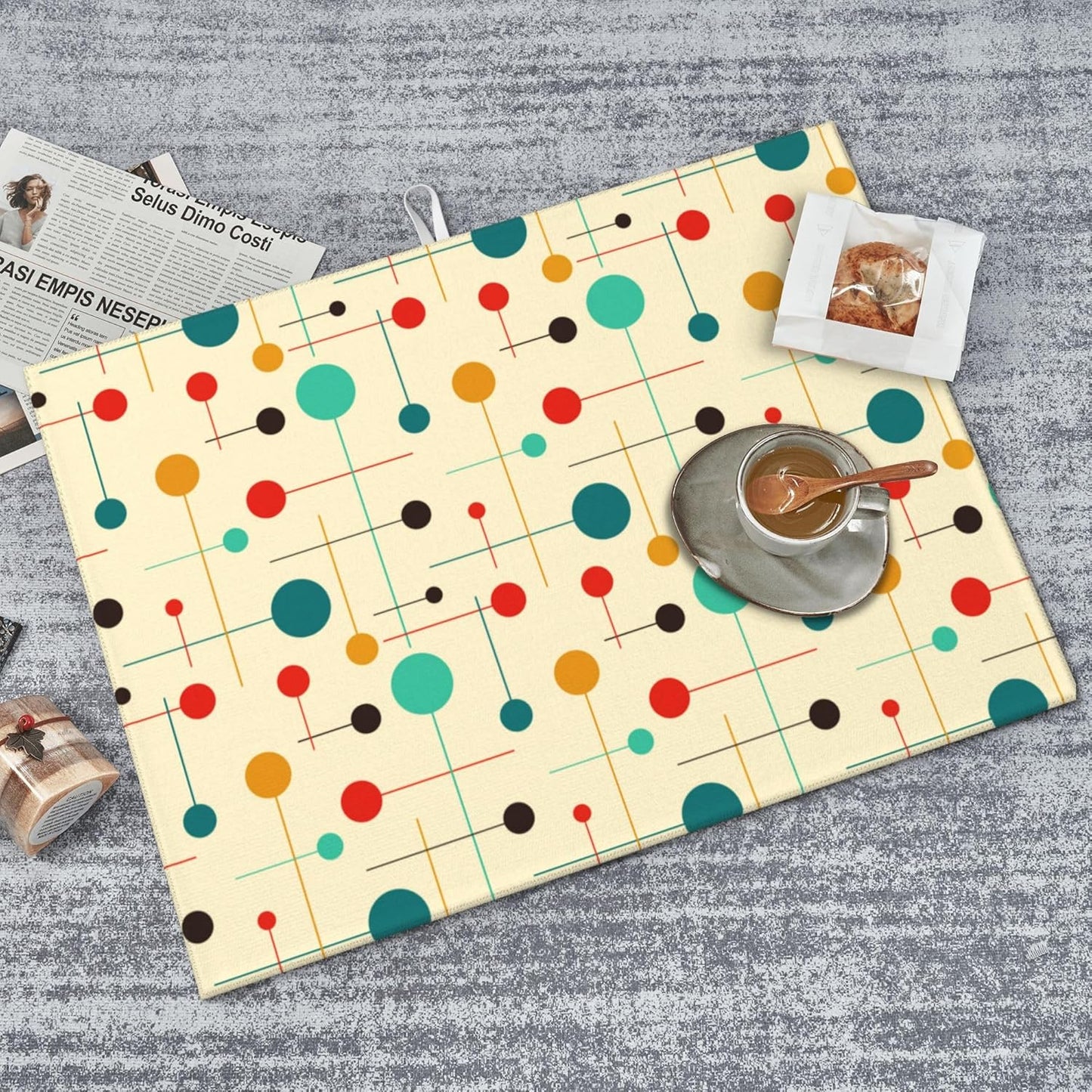 Mid Century Modern Atomic Retro Dish Drying Mat for Kitchen Counter Yellow Drying Pad 18x24 Inch Absorbent Reversible Dish Drainer Rack Mats