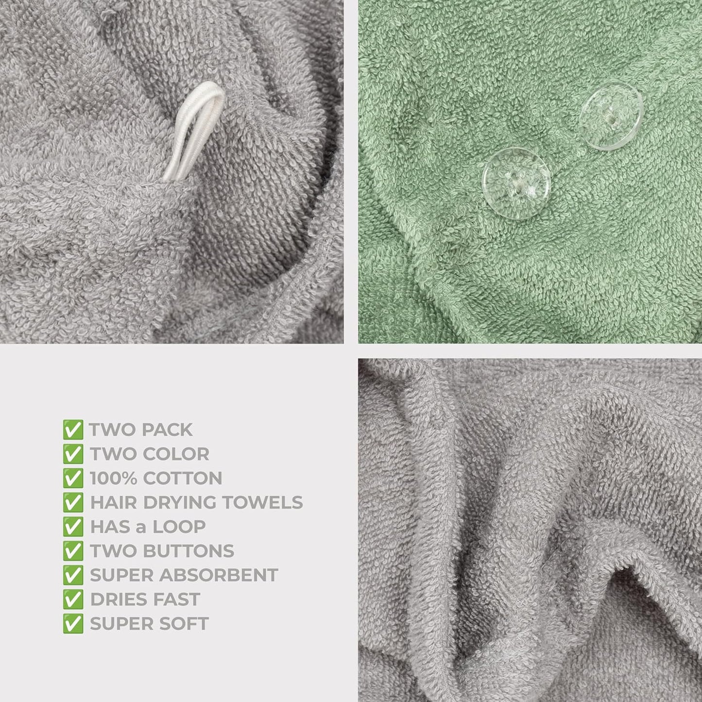 American Soft Linen 100% Cotton Hair Towels for Women, Head Towel Cap, Cotton Hair Turban Towel Wrap for Hair, Soft and Absorbent Cotton Hair Towels 2 Pack, Sage Green-Light Gray