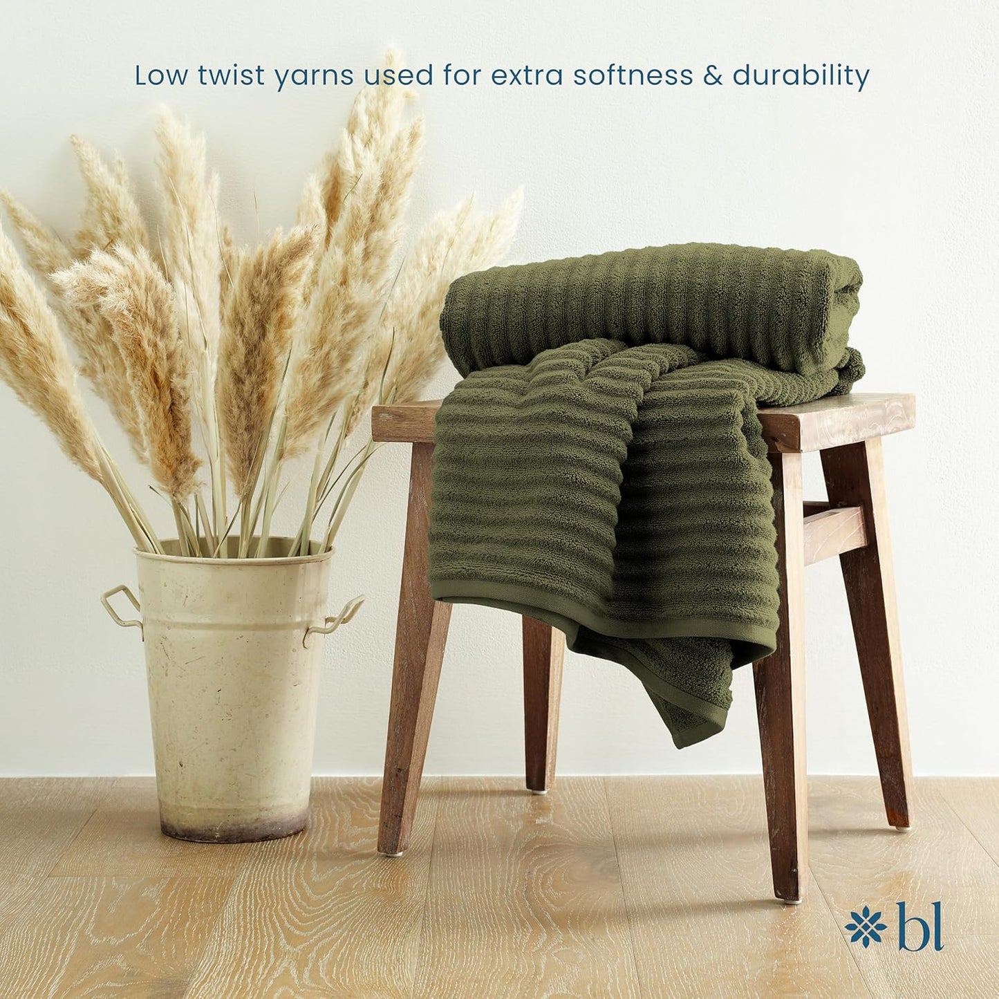 Blue Loom Ribbed Bath Sheet & Towel, 100% Cotton 600 GSM, Soft Absorbent Durable Quick Drying Bath Sheet & Bath Towel Set for Bathroom - Mason Set of 2 Moss Green (65" x 45" & 58" x 30")