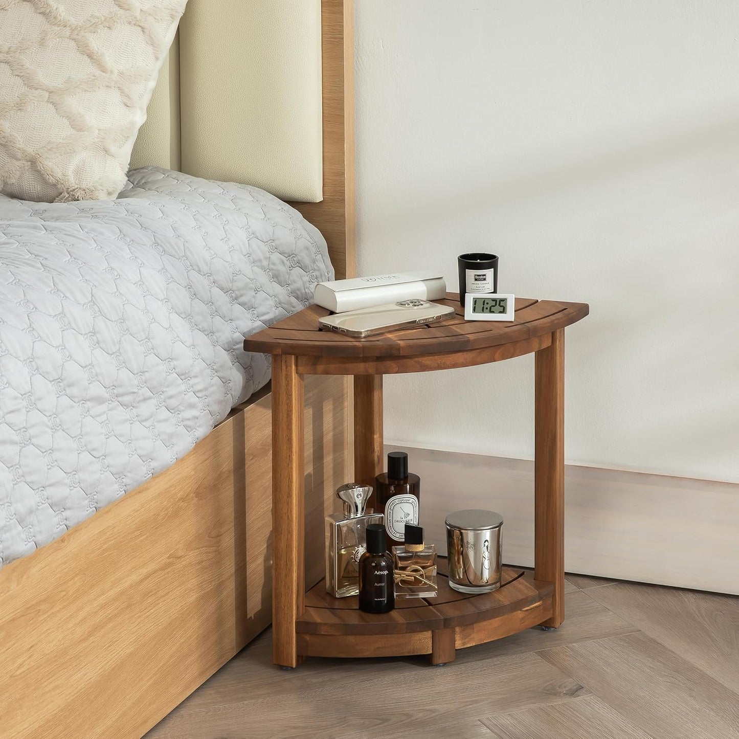 Acacia Corner Shower Stool, Waterproof Spa Foot Rest & Bath Bench with Storage Shelf & Soap Dish, Ideal for Bathroom, Shaving Legs, or as Small Corner Table/Step Stool (Natural)