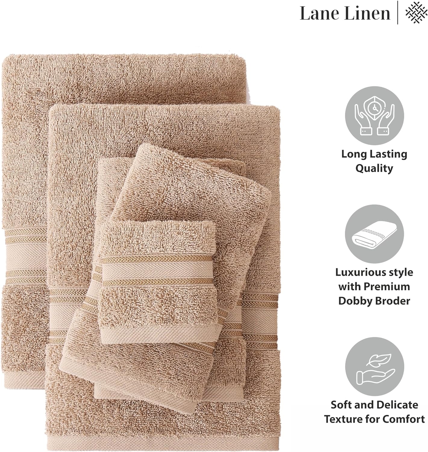 LANE LINEN 100% Cotton 18 Piece Bath Towel Set - Zero Twist, Quick Dry, Highly Soft & Absorbent - 6 Bath, 6 Washcloths, 6 Hand Towels - Oeko Tex Certified Hotel Quality Bathroom Towel Set - Taupe