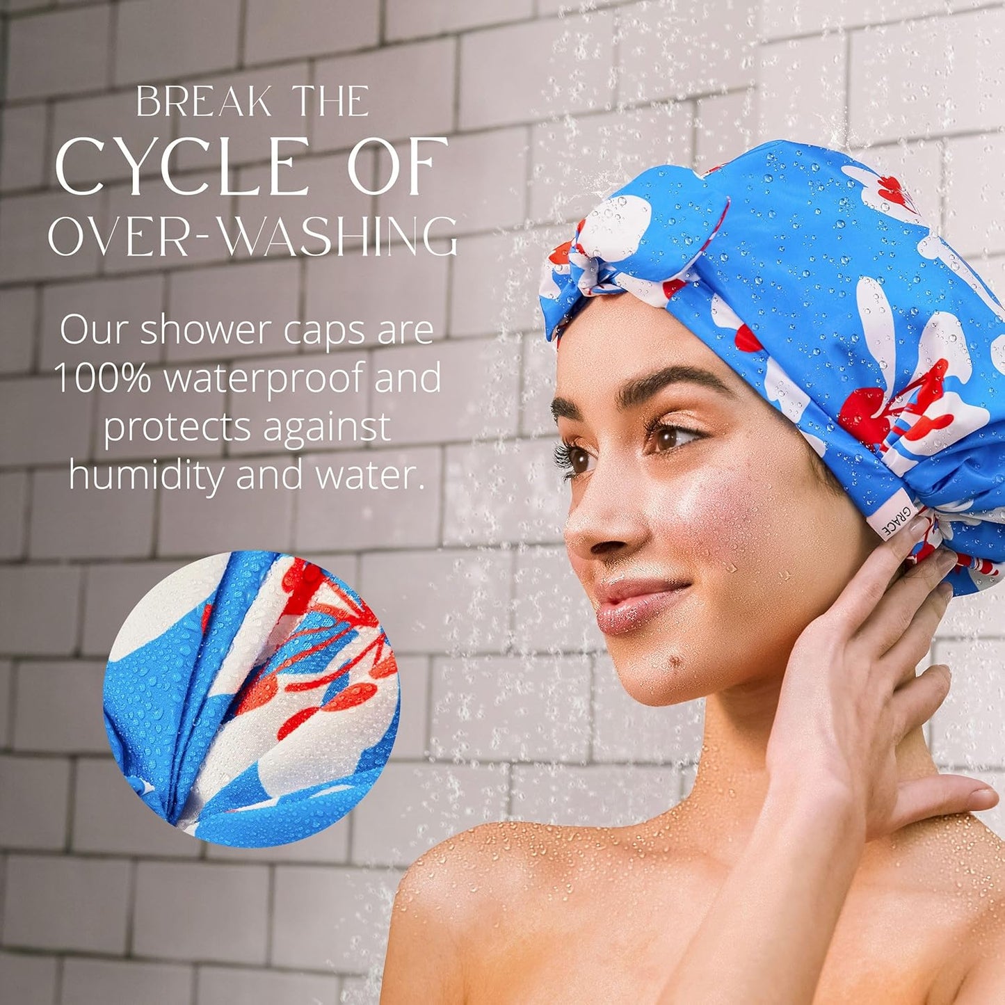 GRACE & COMPANY Luxury Shower Cap For Women - 100% Waterproof, Reusable, Washable & Breathable Shower Caps - Gramercy