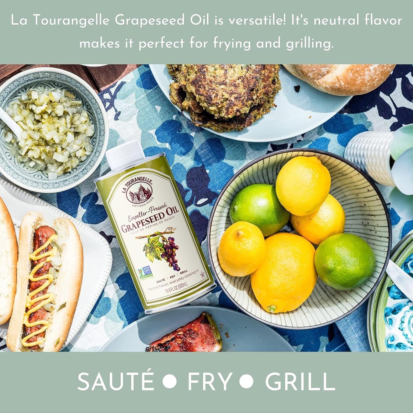 La Tourangelle, Expeller-Pressed Grapeseed Oil, High Heat Neutral Cooking Oil, Cast Iron Seasoning, Also Great for Skin, Hair, and DIY Beauty Recipes, 16.9 fl oz