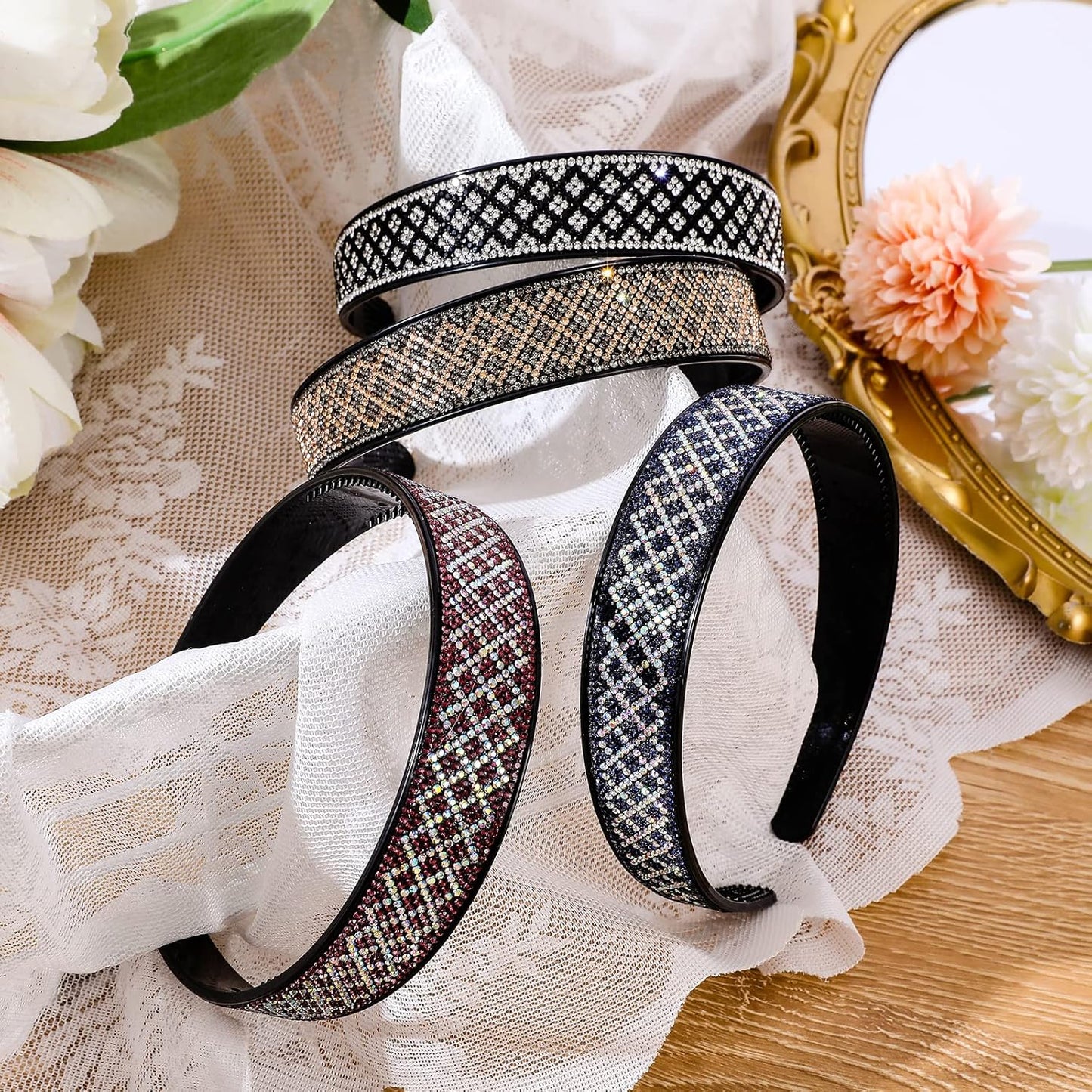 Sparkly Rhinestone Headbands for Women Girls,4PCS Check Crystal Headband Non Slip,Tooth Hair Bands Rhinestone Hair Hoop,Comfortable Daily Prom Party Head Accessories