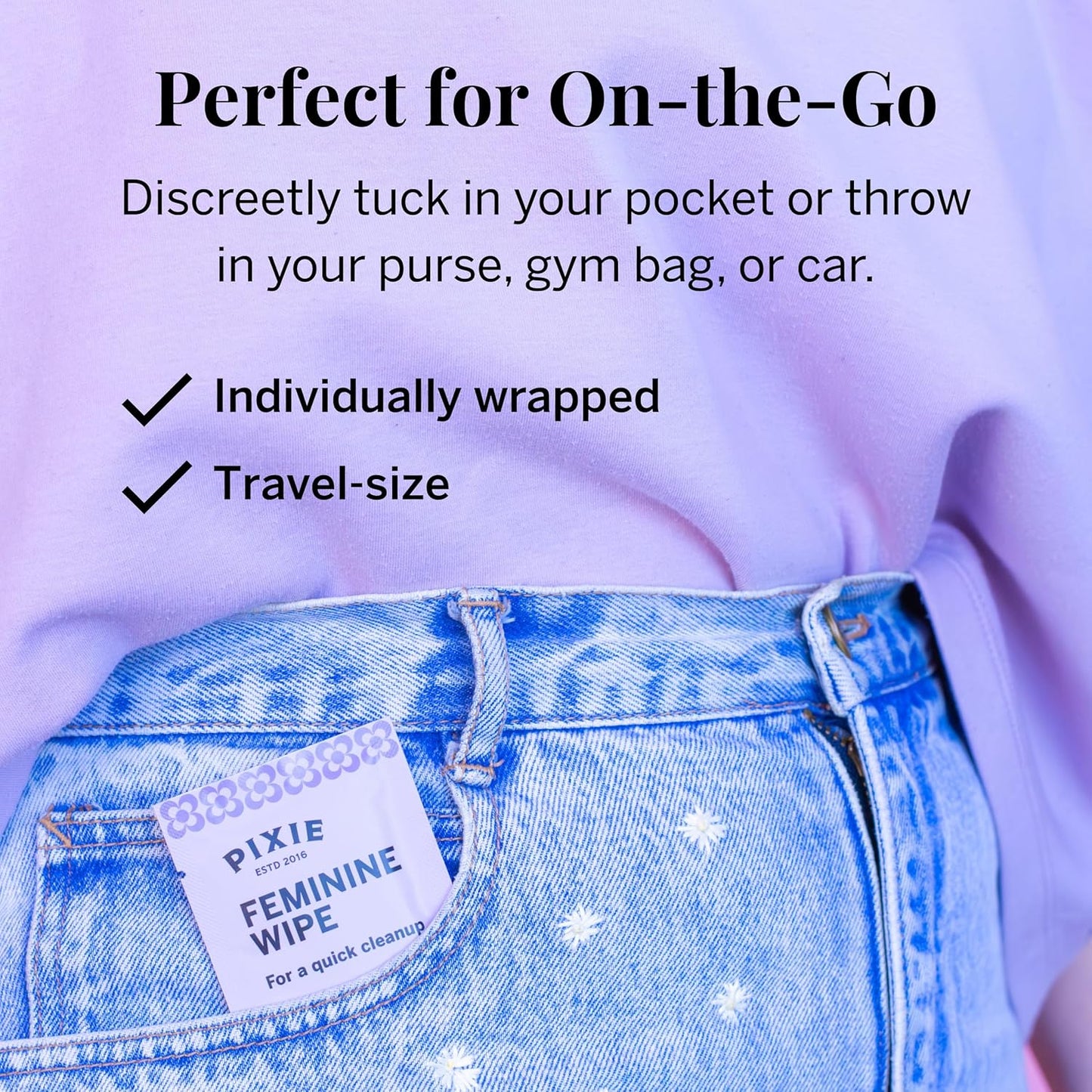 Pixie Feminine Wipes - Flushable, Biodegradable, & Ph Balanced - Best Individually Wrapped Body Wipes for On The Go & Public Bathrooms - Wash, & Cleaner For Your Menstrual Cups & Discs (40 Count)