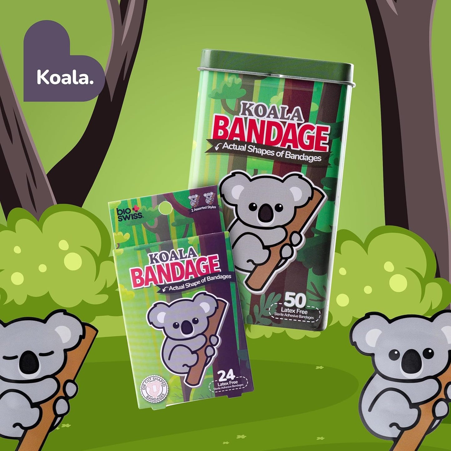 BioSwiss Kids Bandages, Koala Shaped Self Adhesive Bandage Set, Latex Free, Sterile Wound Care, 24 Count