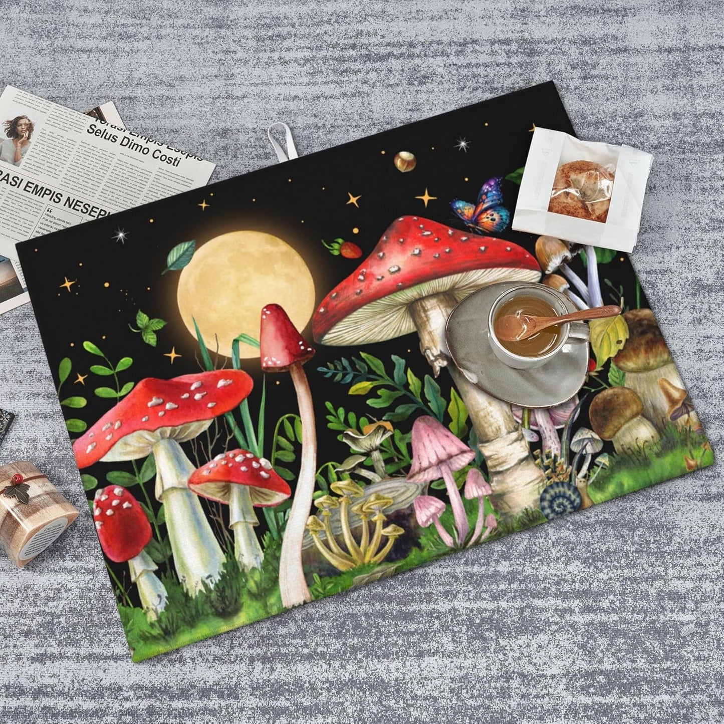 Mushroom Kitchen Drying Mat Witchy Microfiber Dish Drainer Mat for Kitchen Counter Absorbent Reusable Washable 18x24 Inch Black