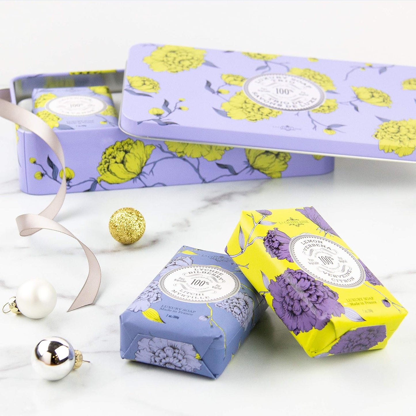 La Chatelaine Luxury Bar Soap Trio Gift Set Tin | Made in France | Natural and Organic | Shea Butter Formula | 3 x 7 oz / 200g - Lavender Soap Trio (Lavender, Lychee Bilberry, Lemon Verbena)