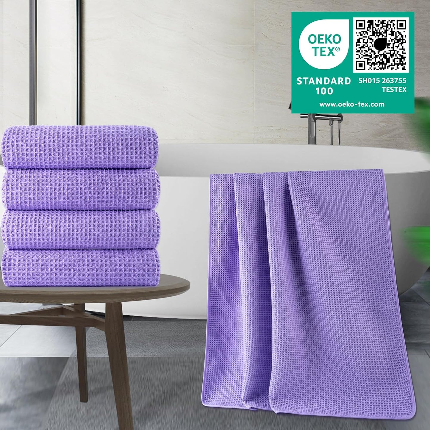 POLYTE Microfiber Oversize Quick Dry Lint Free Bath Towel, 60 x 30 in, 4 Pack (Waffle Weave)