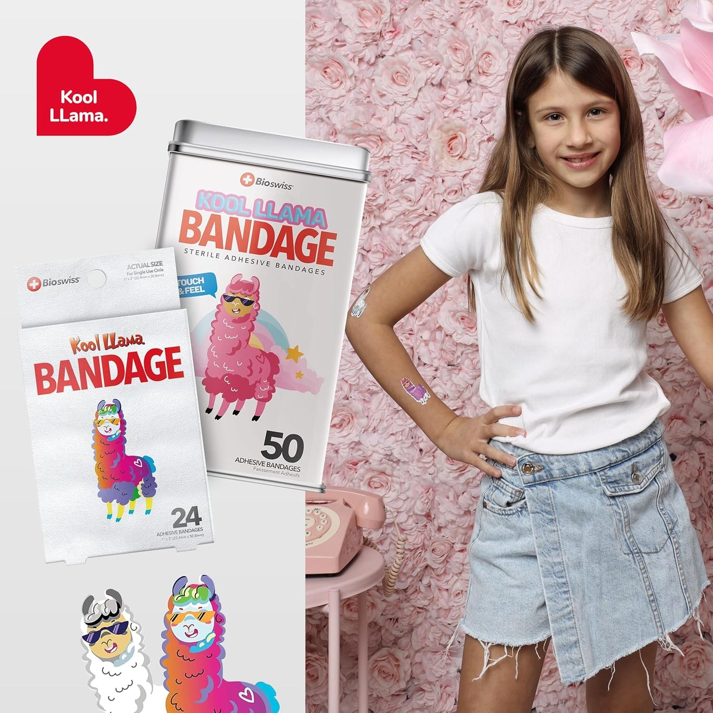 BioSwiss Kids Bandages, Llama Shaped Self Adhesive Bandage Set, Latex Free, Sterile Wound Care, 24 Count