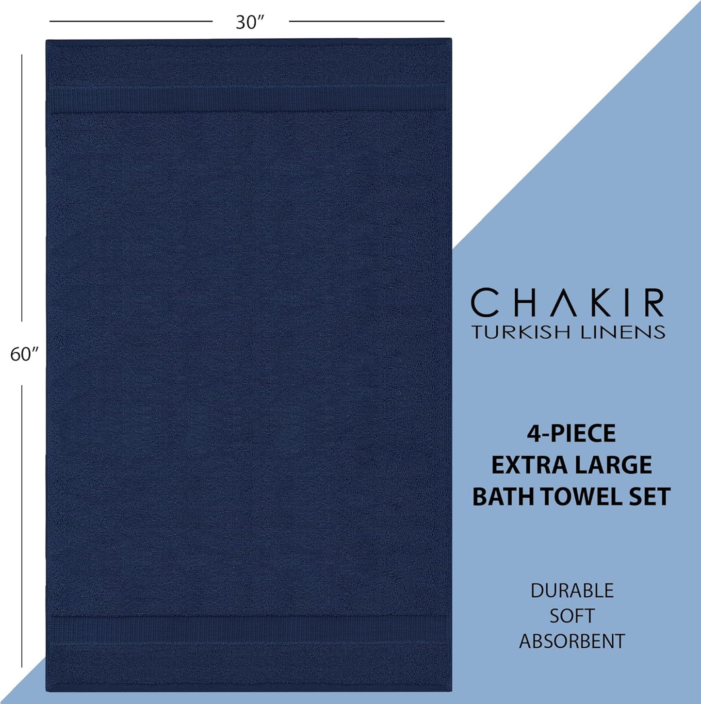 Chakir Turkish Linens | Hotel & Spa Quality 100% Cotton Luxury Turkish Towels | Soft & Absorbent (30x60 Inches Extra Large Bath Towels, Set of 4 - Navy)