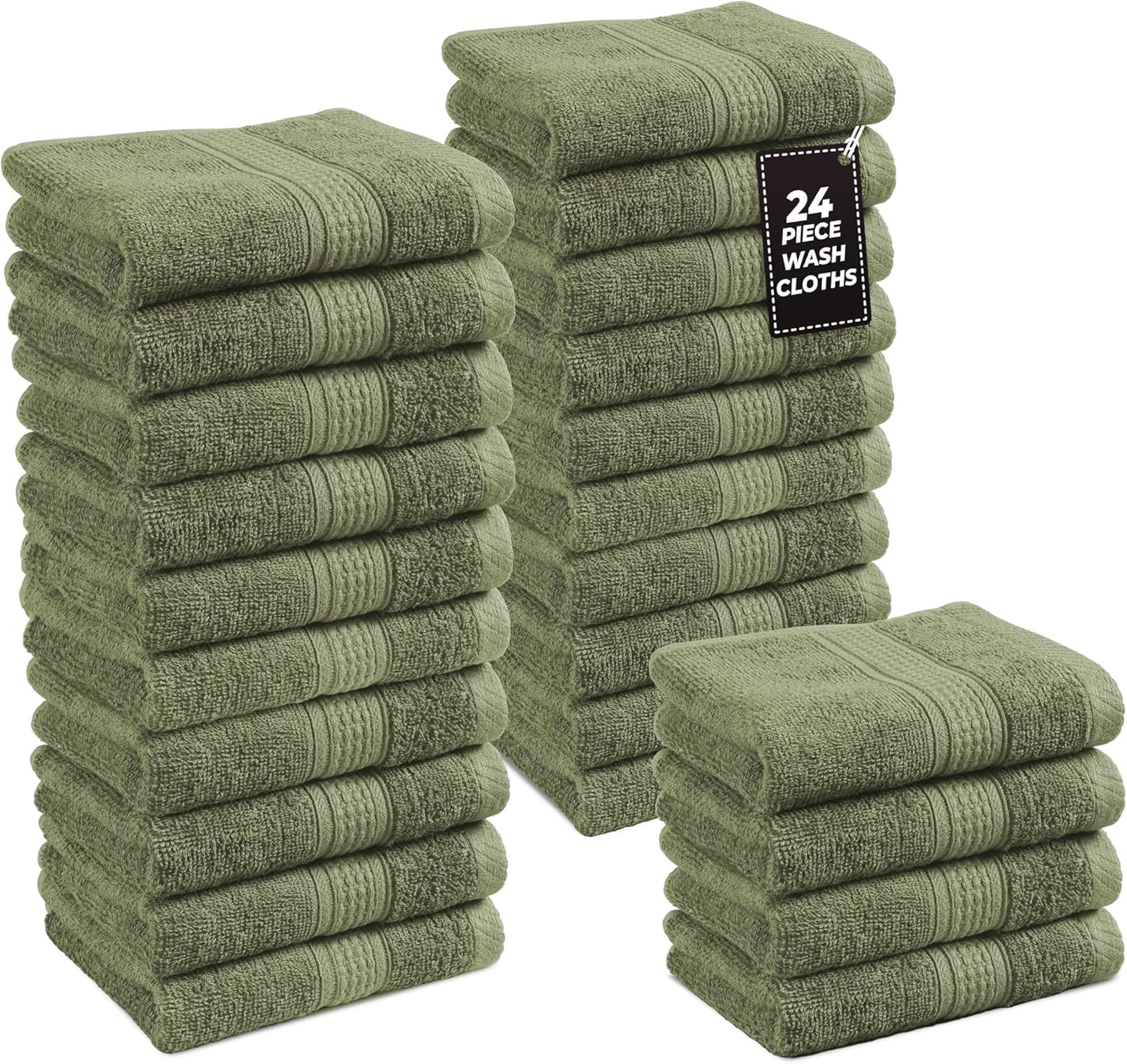 LANE LINEN 100% Cotton Washcloths 24 Pack - Spa & Salon Quality - Ring Spun Cotton Face Cloths - Very Soft & Absorbent Wash Cloths for Body, Beauty, Home, Gym - Fingertip Towels - 13"x13", Oil Green